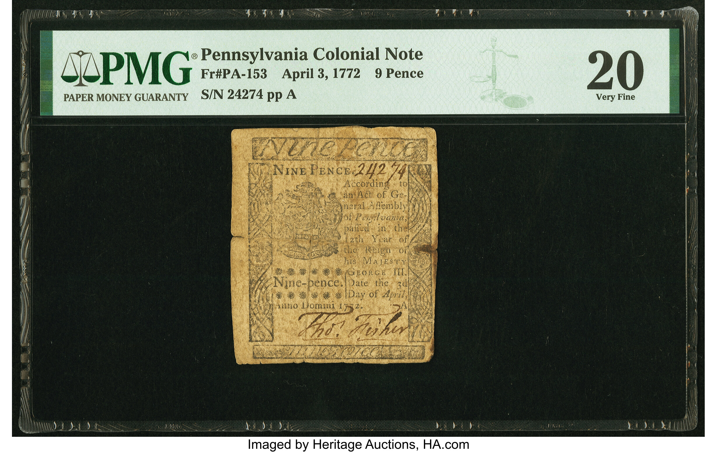 image for: Pennsylvania April 3, 1772 9d PMG Very Fine 20....