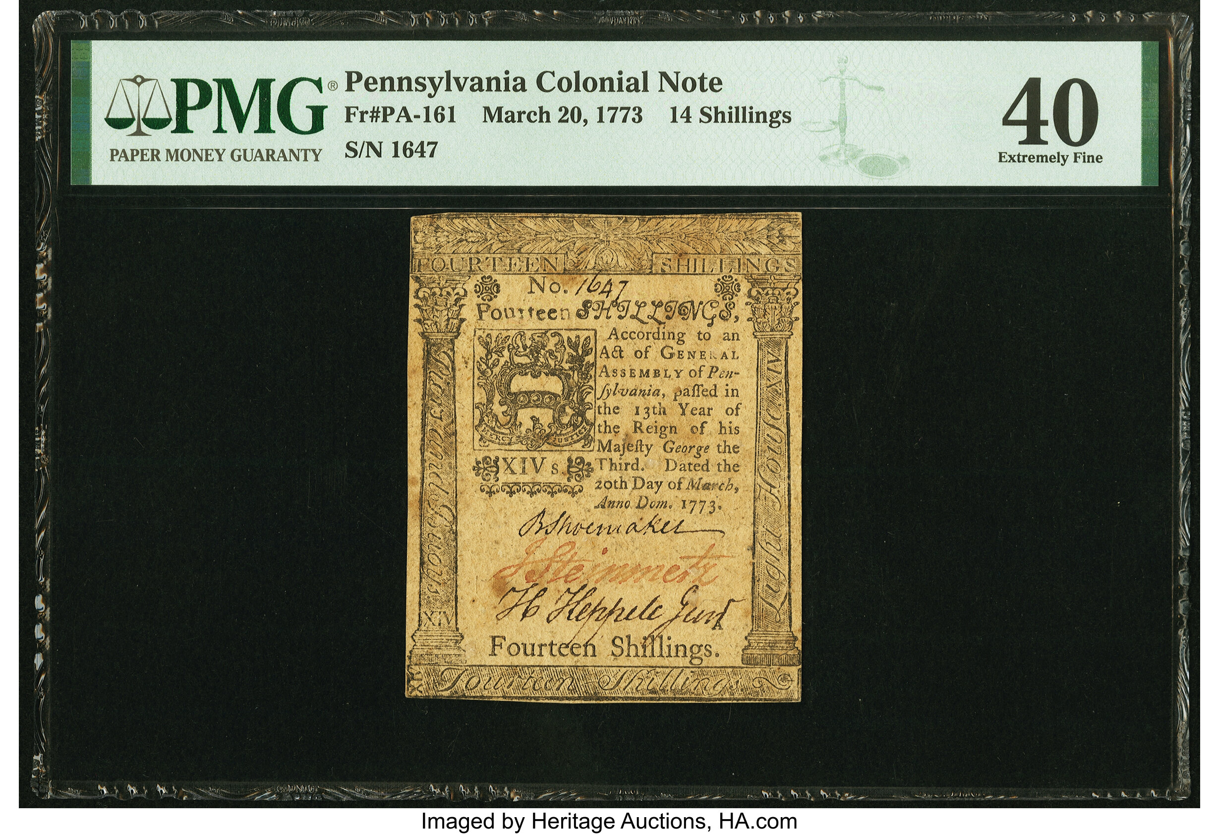 image for: Pennsylvania March 20, 1773 14s PMG Extremely Fine 40....