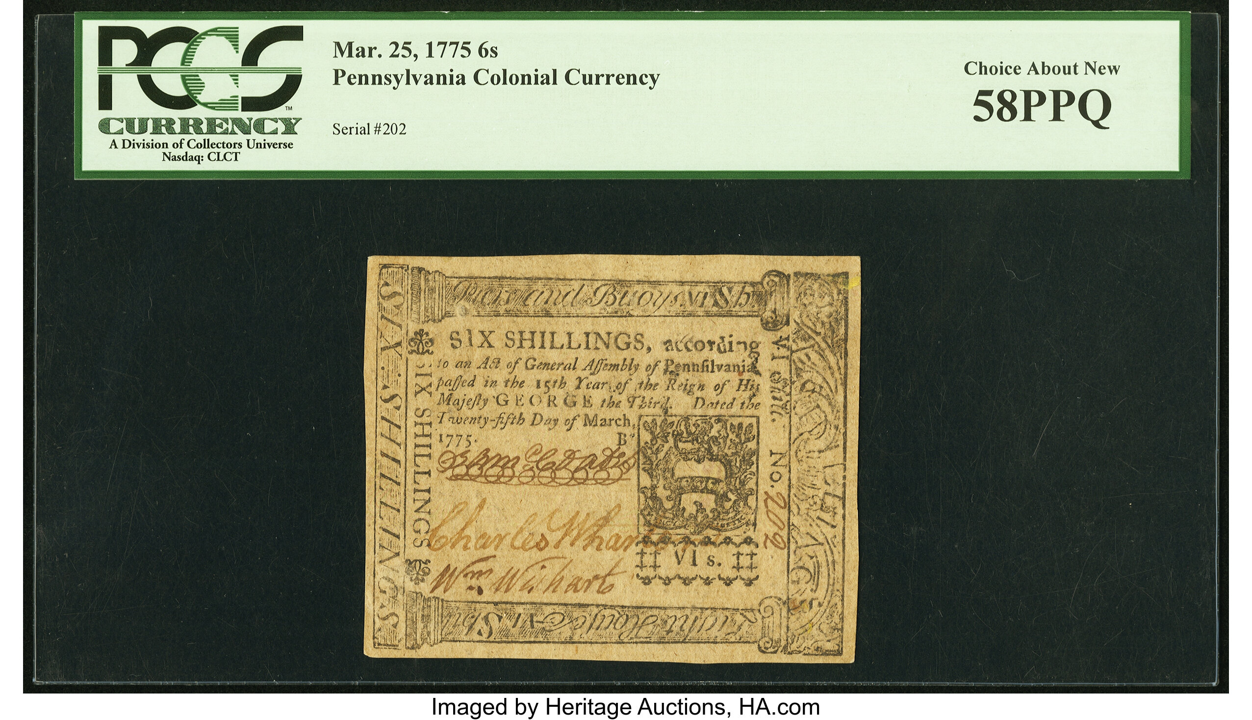 image for: Pennsylvania March 25, 1775 6s PCGS Choice About New 58PPQ....