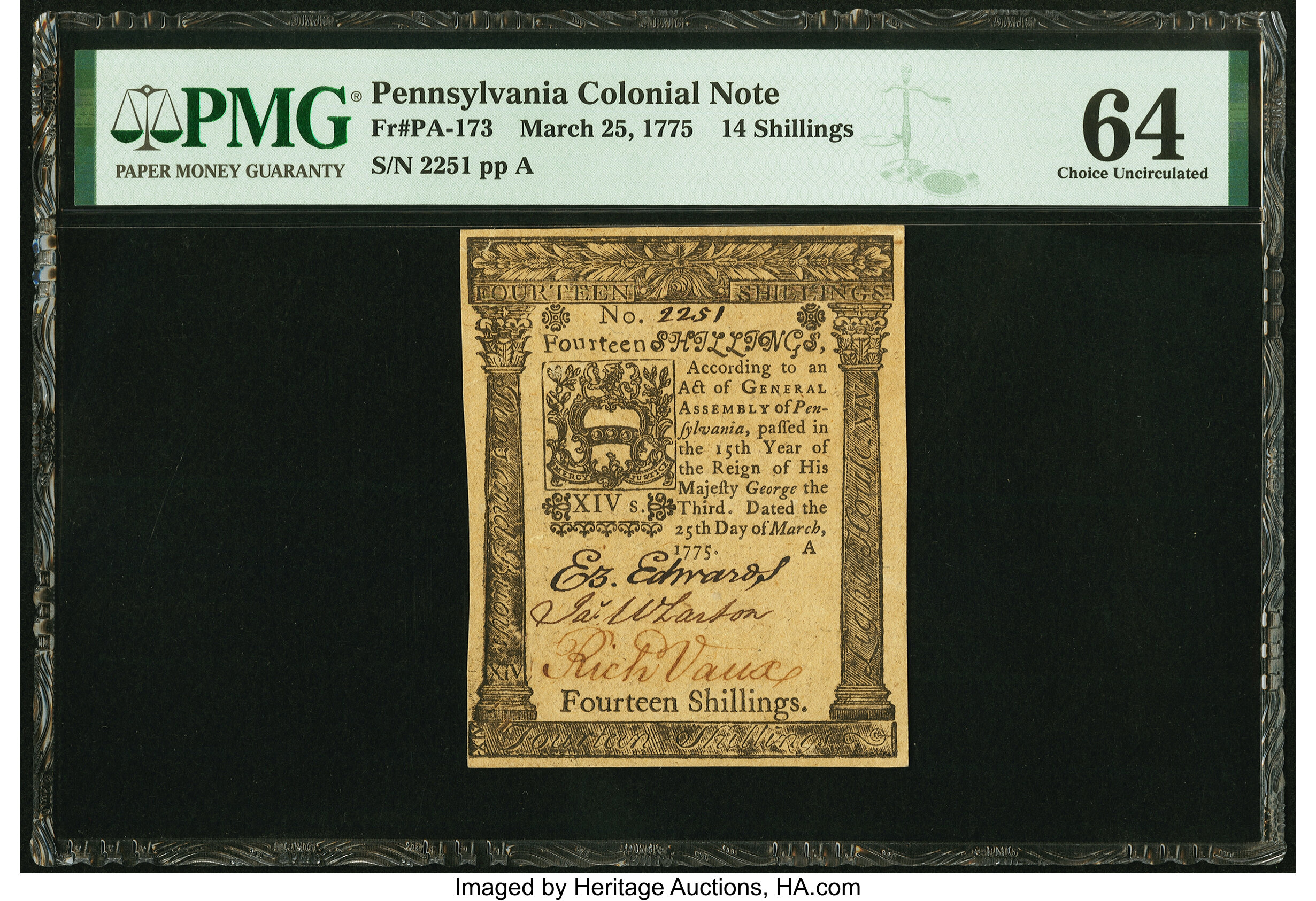 image for: Pennsylvania March 25, 1775 14s PMG Choice Uncirculated 64....