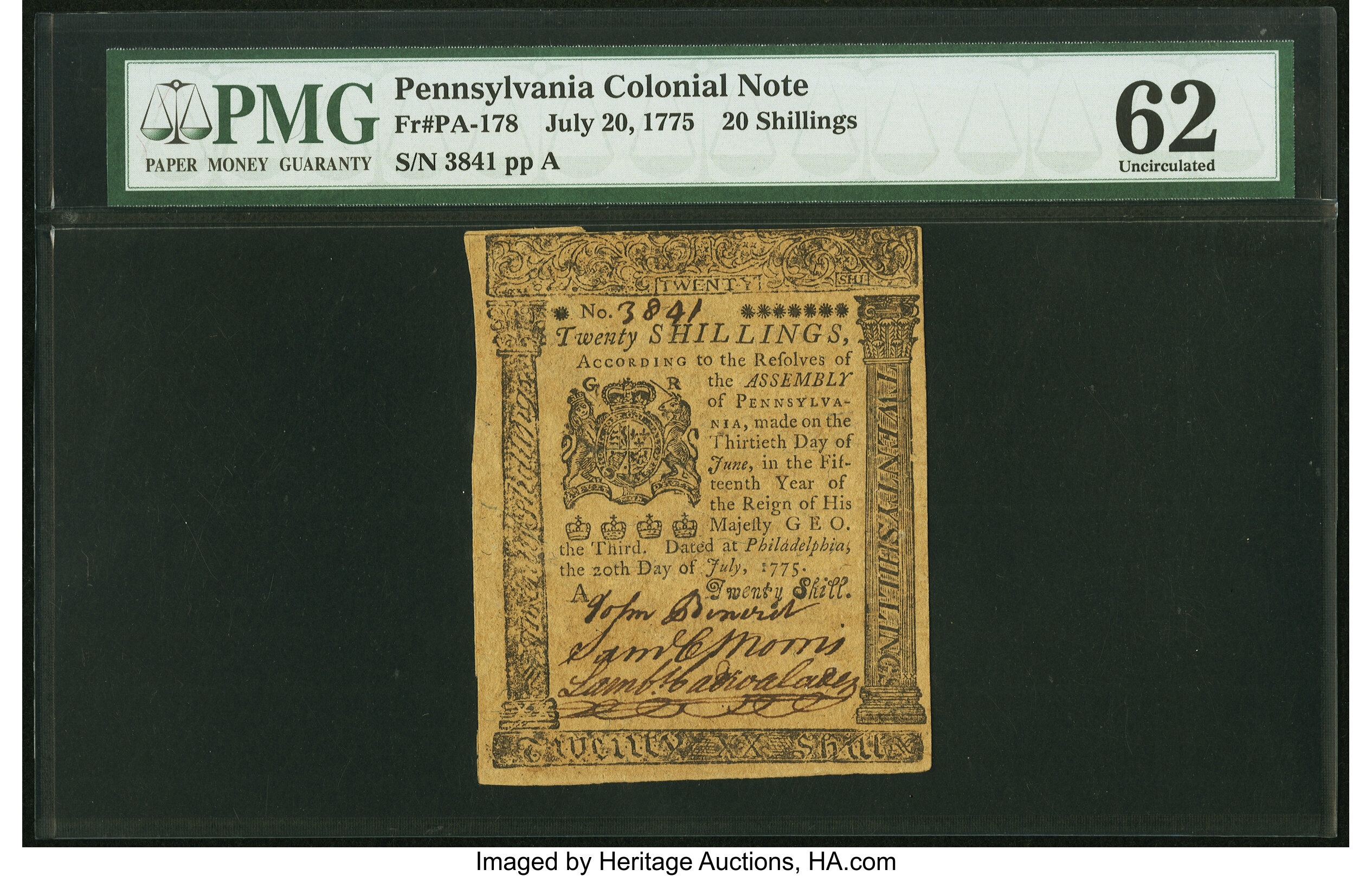 image for: Pennsylvania July 20, 1775 20s PMG Uncirculated 62....