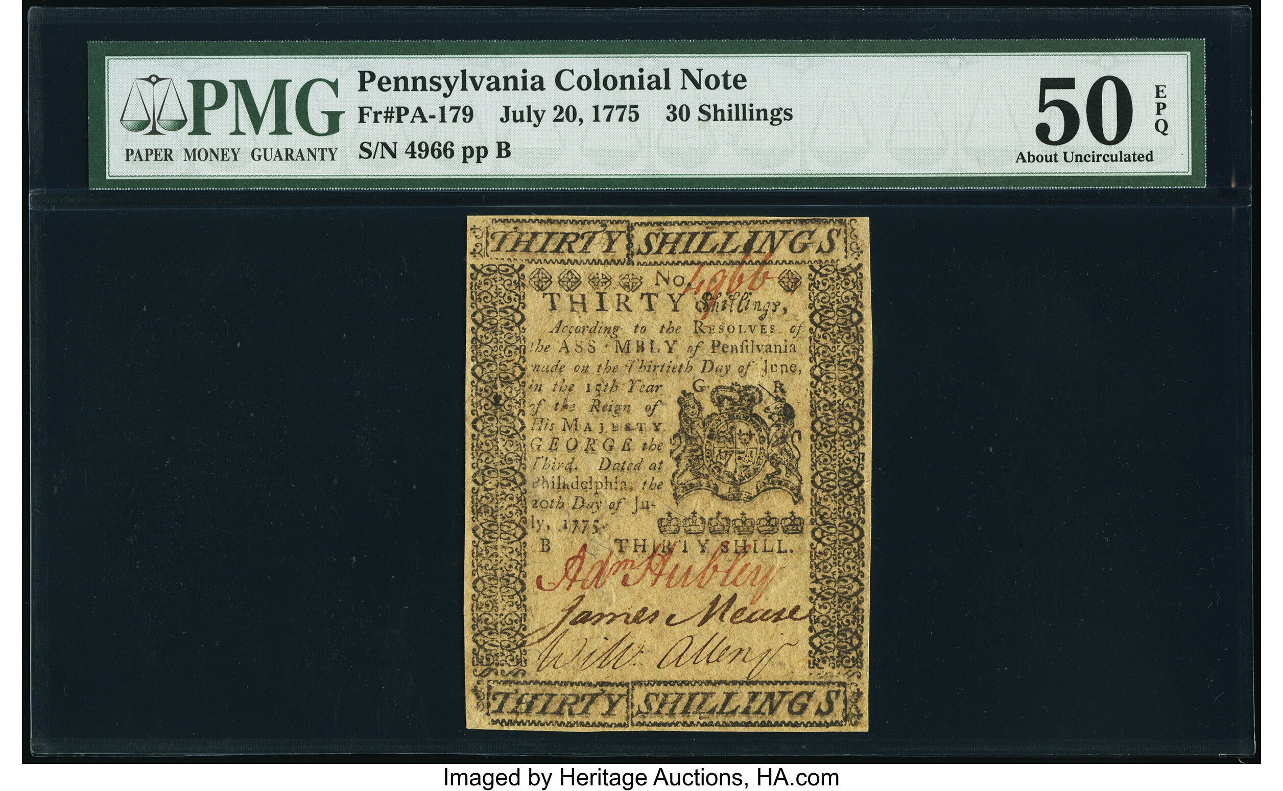 image for: Pennsylvania July 20, 1775 30s PMG About Uncirculated 50 EPQ....