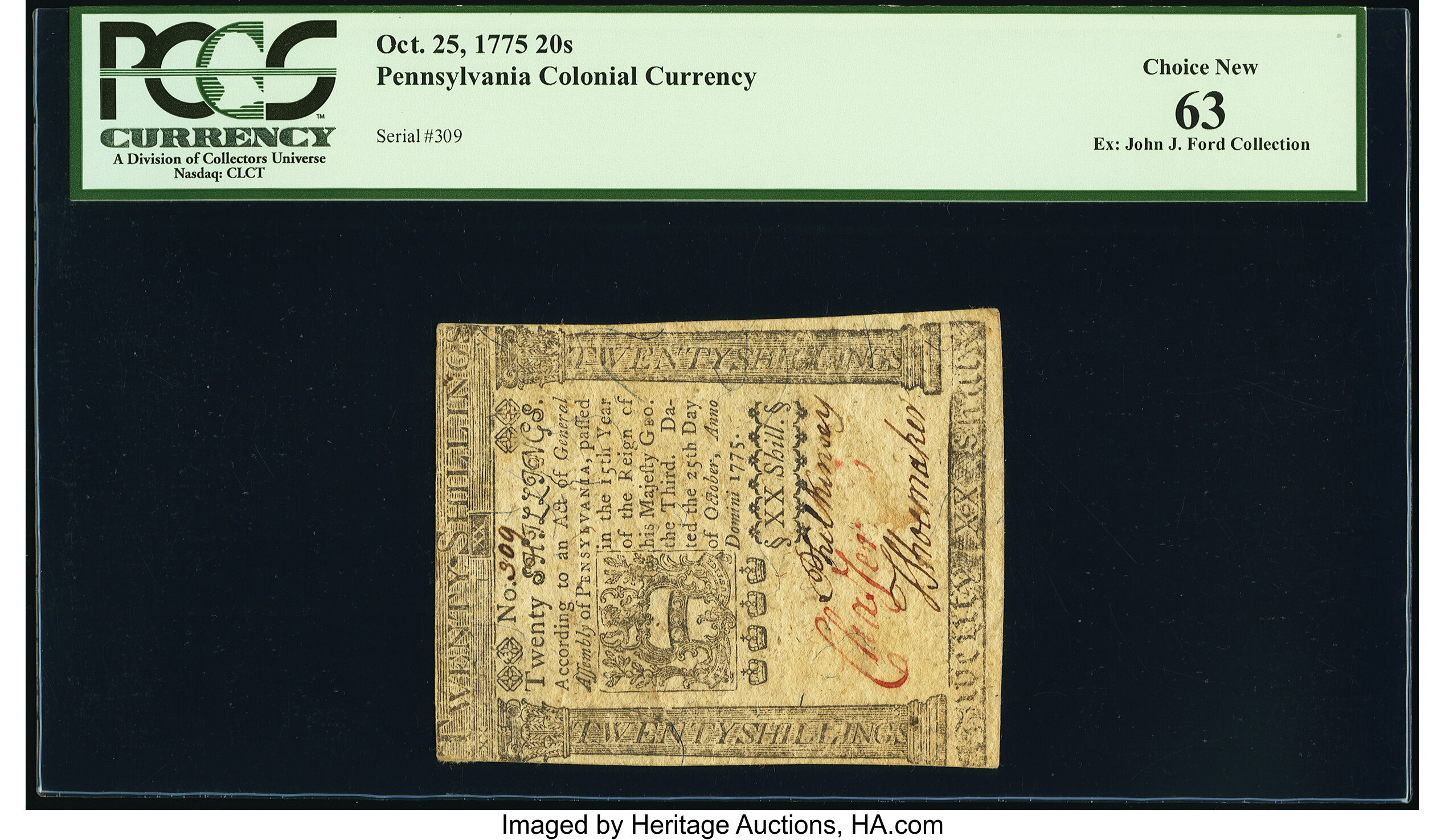 image for: Pennsylvania October 25, 1775 20s PCGS Choice New 63....