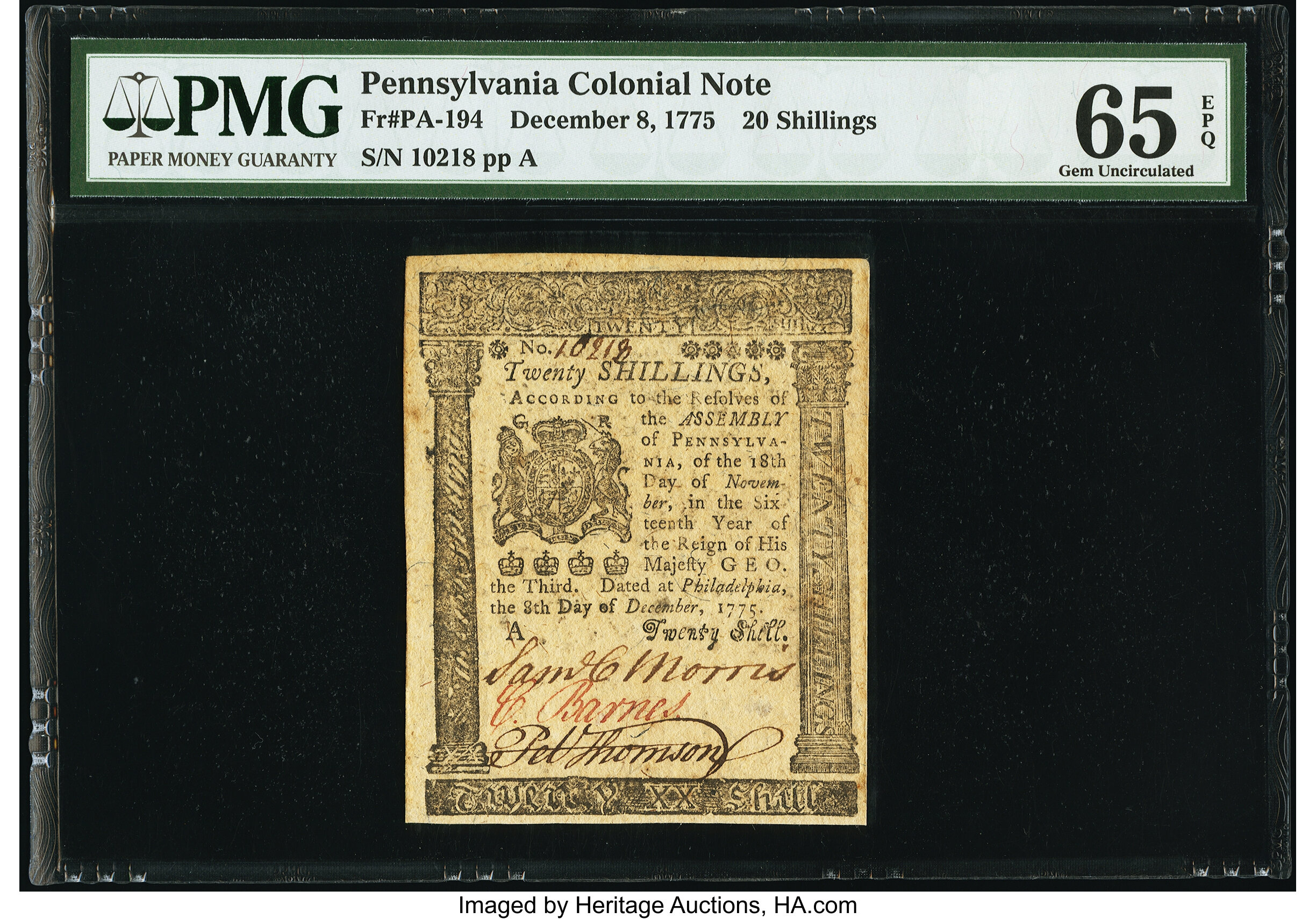 image for: Pennsylvania December 8, 1775 20s PMG Gem Uncirculated 65 EPQ....
