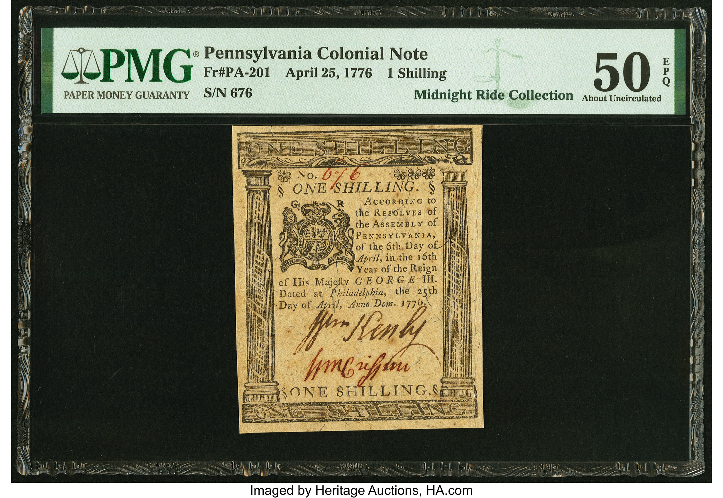 image for: Pennsylvania April 25, 1776 1s PMG About Uncirculated 50 EPQ....