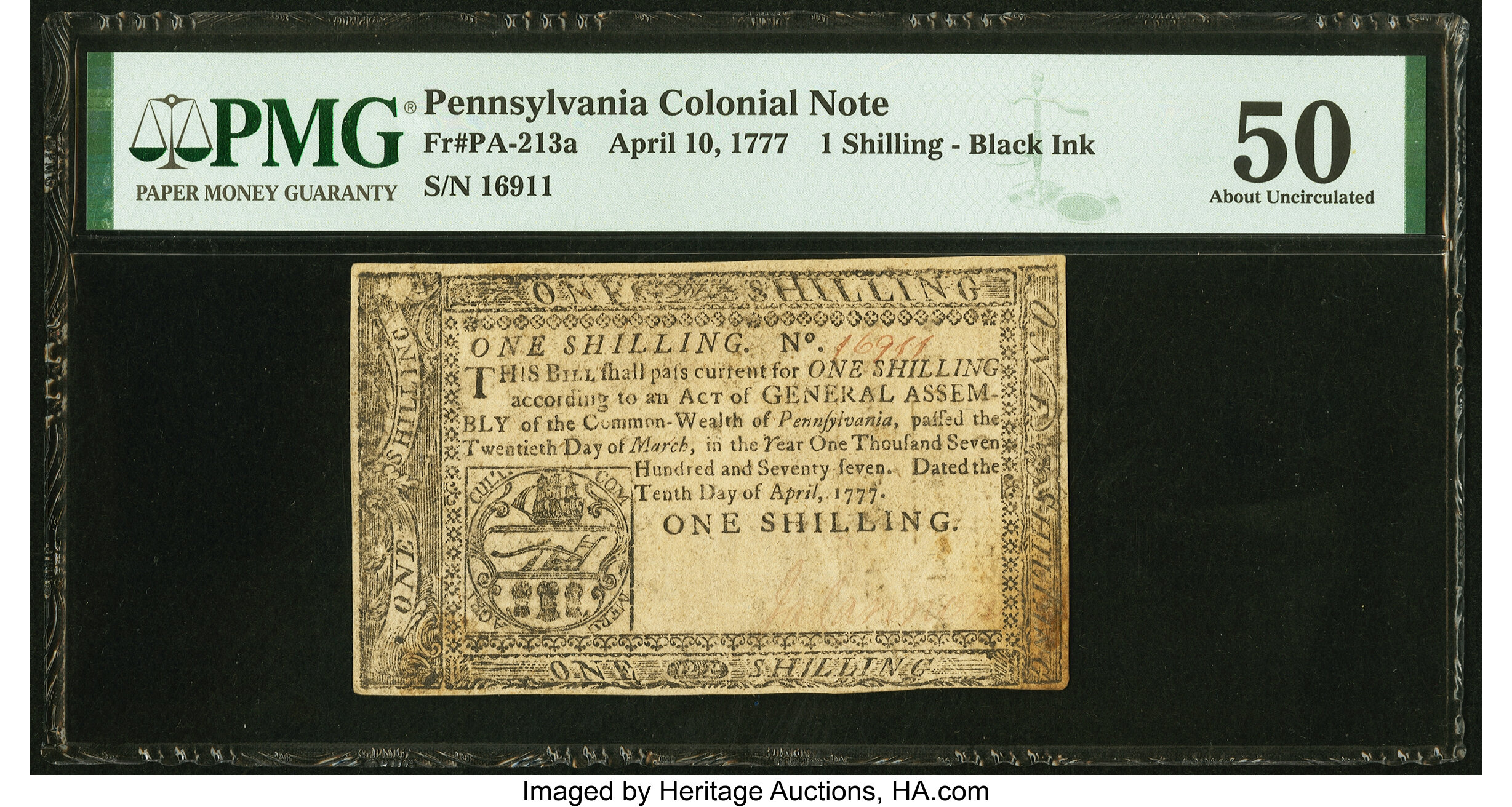 image for: Pennsylvania April 10, 1777 1s PMG About Uncirculated 50....