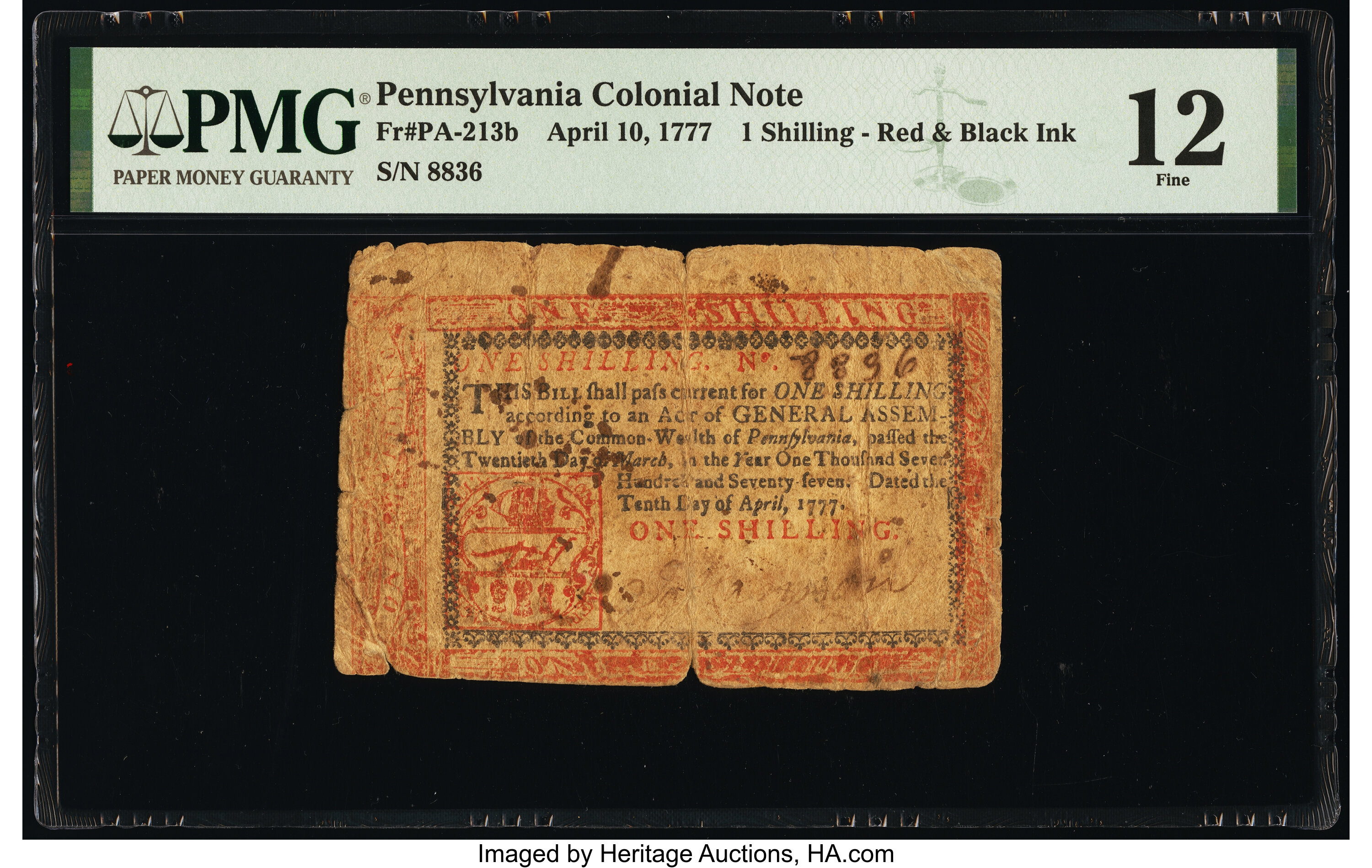 image for: Pennsylvania April 10, 1777 1s PMG Fine 12....