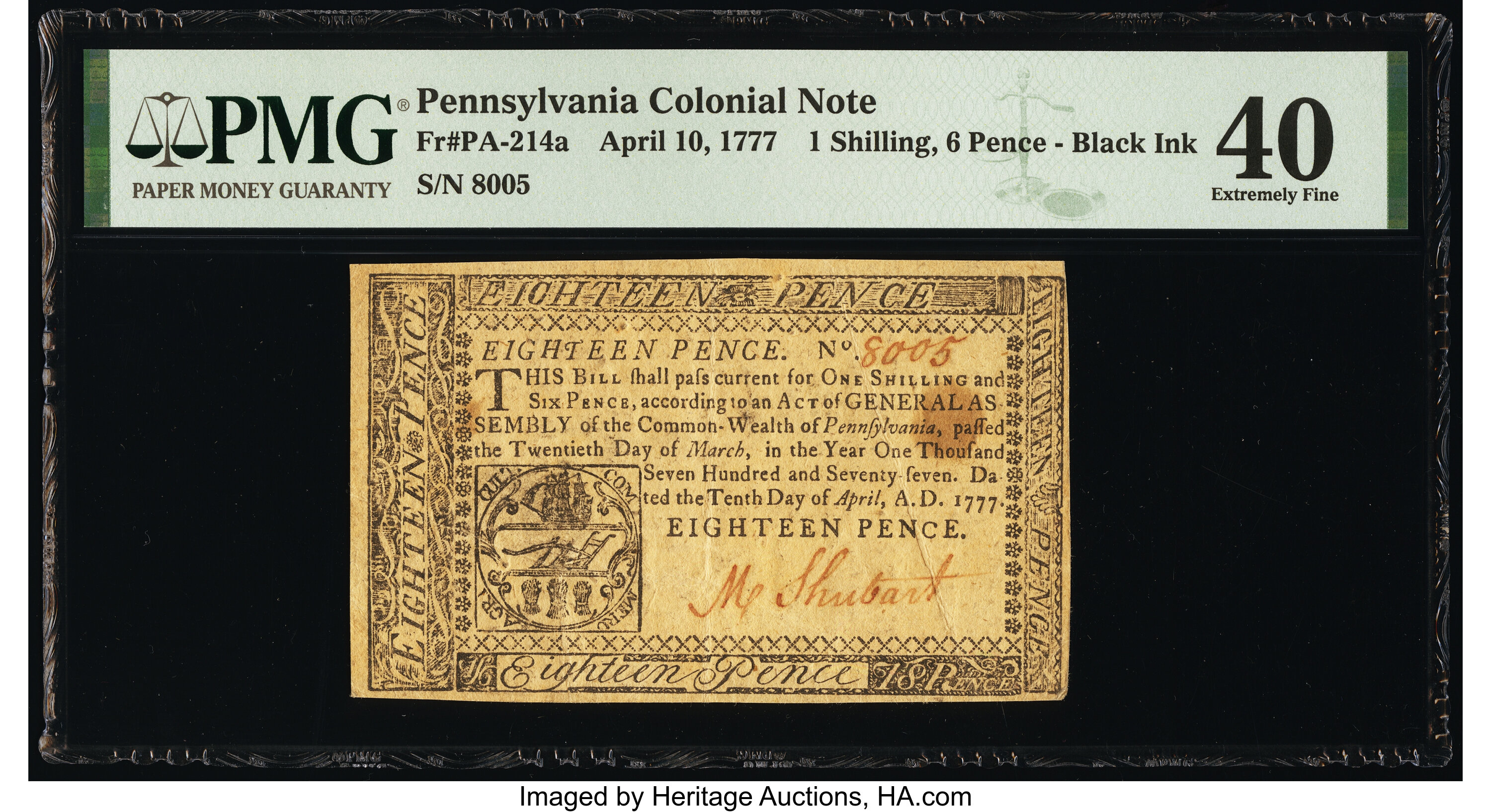 image for: Pennsylvania April 10, 1777 1s 6d PMG Extremely Fine 40....