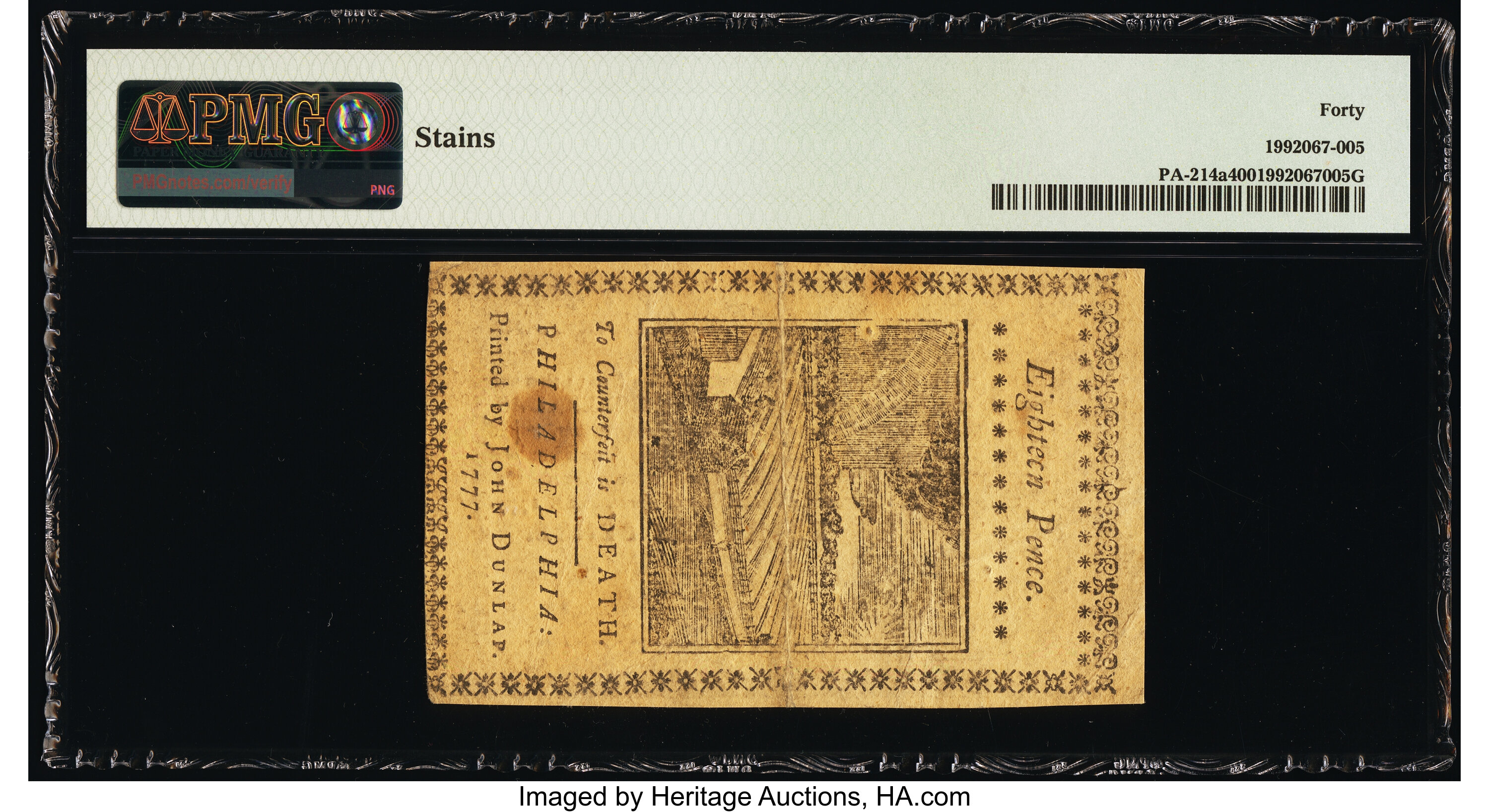 image for: Pennsylvania April 10, 1777 1s 6d PMG Extremely Fine 40....