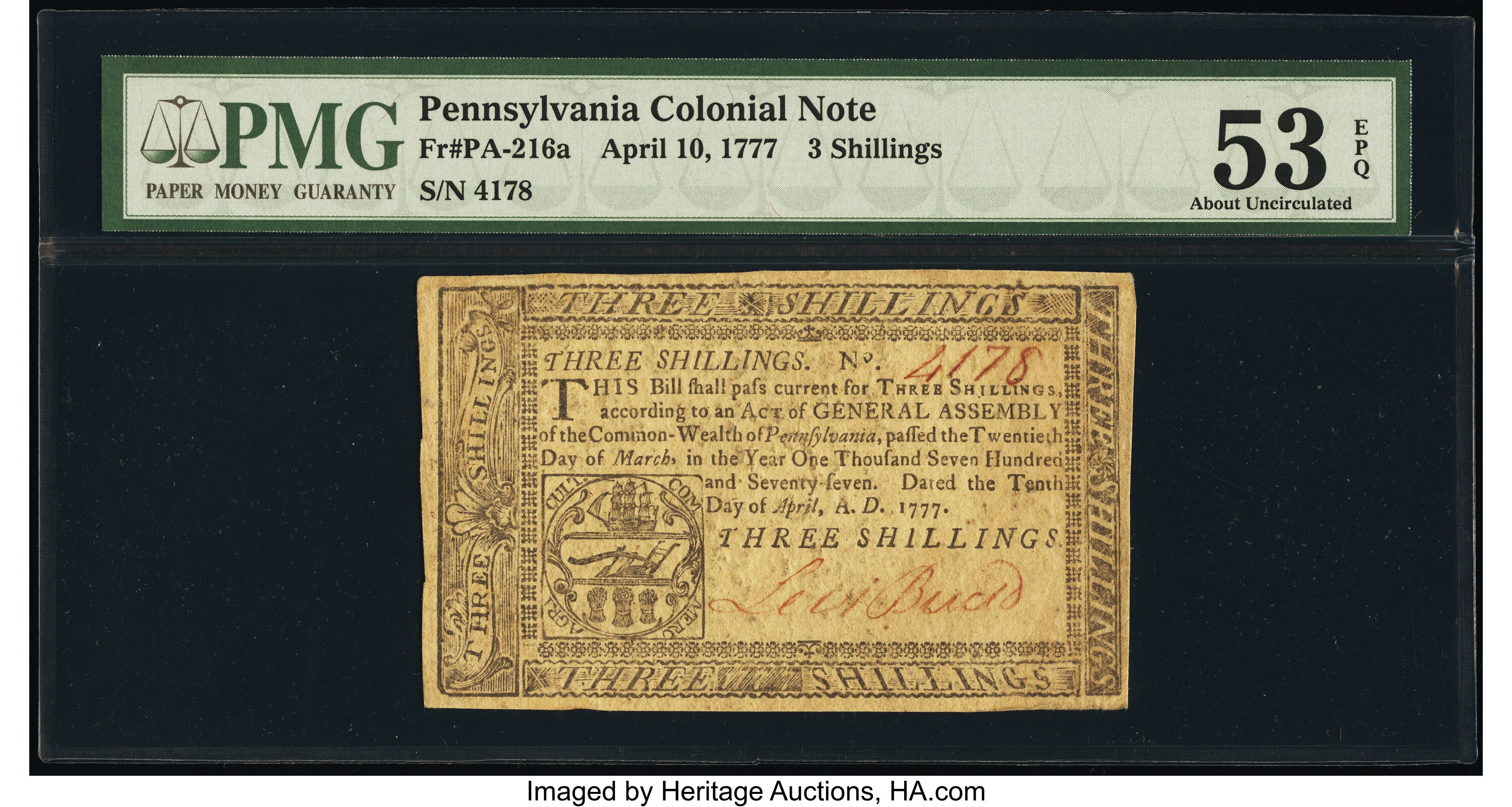 image for: Pennsylvania April 10, 1777 3s PMG About Uncirculated 53 EPQ....