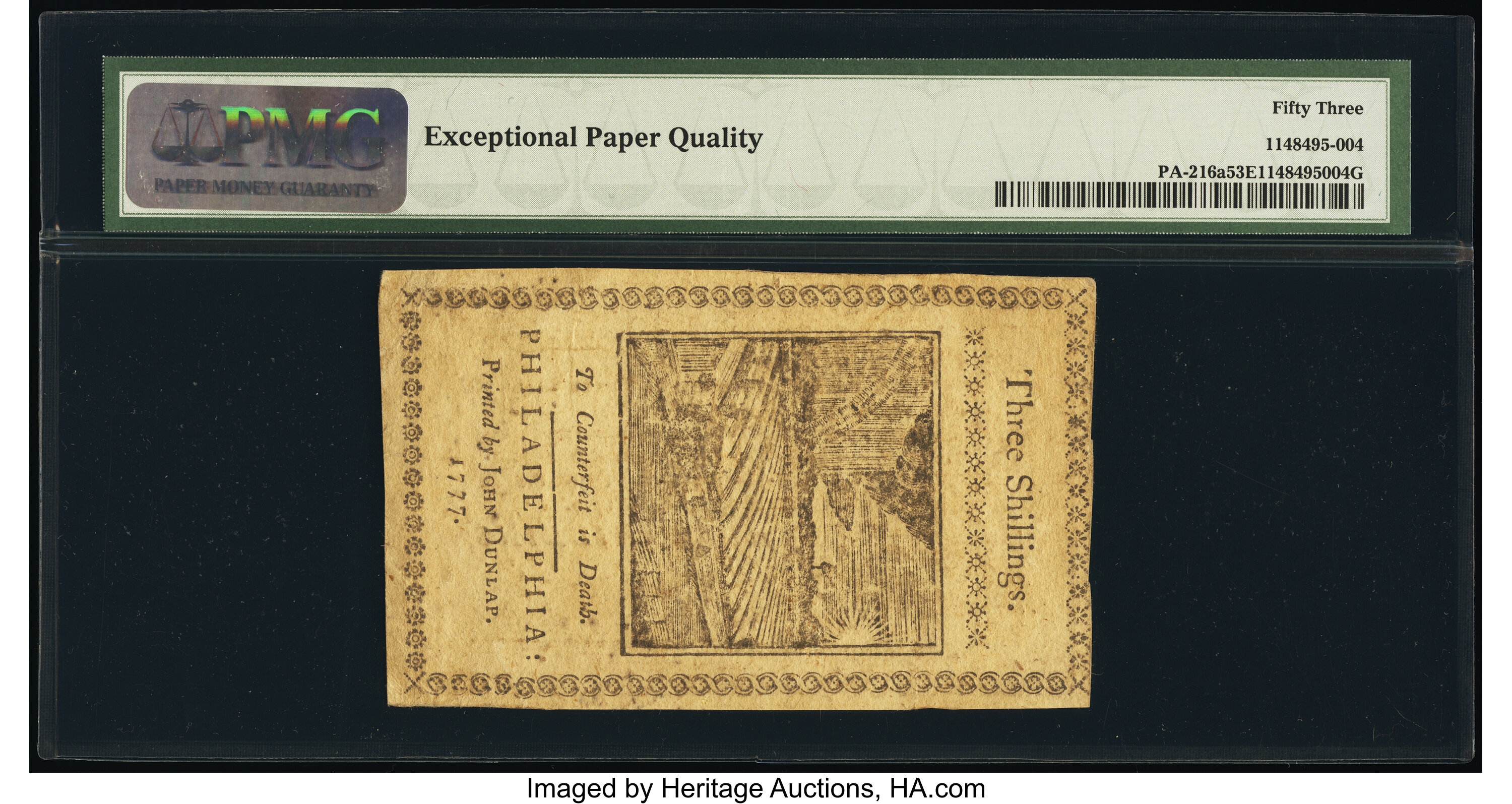 image for: Pennsylvania April 10, 1777 3s PMG About Uncirculated 53 EPQ....