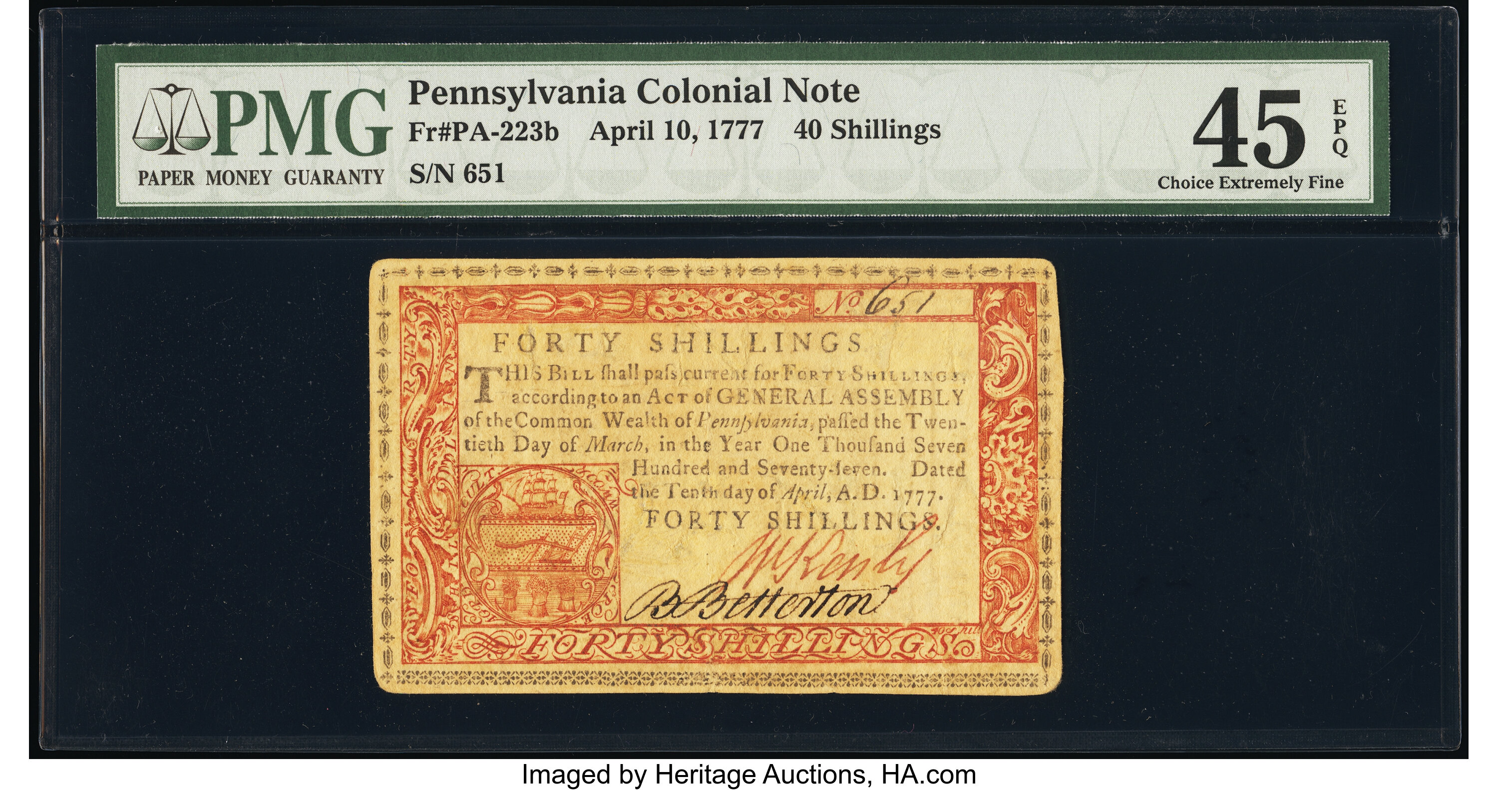 image for: Pennsylvania April 10, 1777 40s PMG Choice Extremely Fine 45 EPQ....