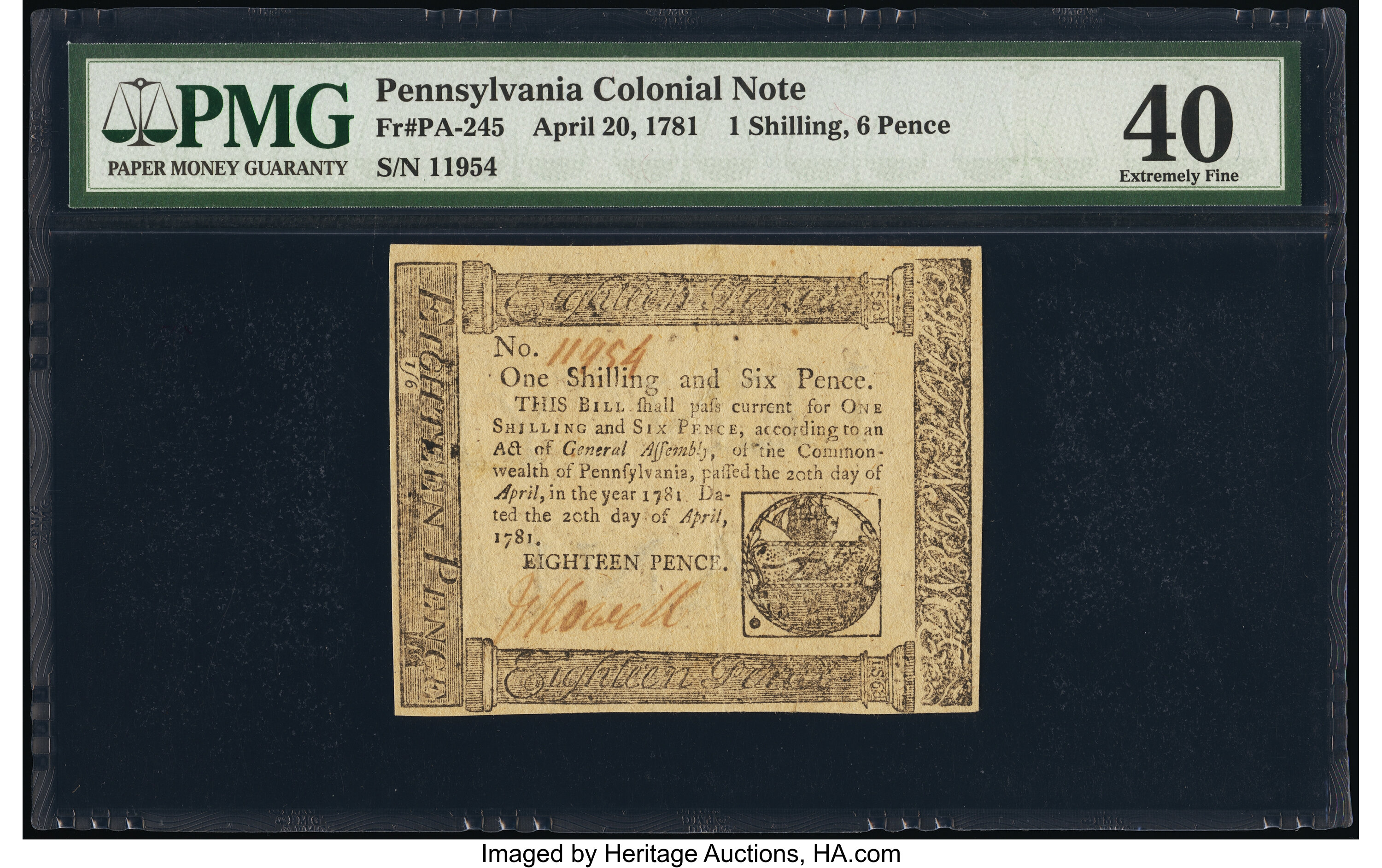 image for: Pennsylvania April 20, 1781 1s 6d PMG Extremely Fine 40....