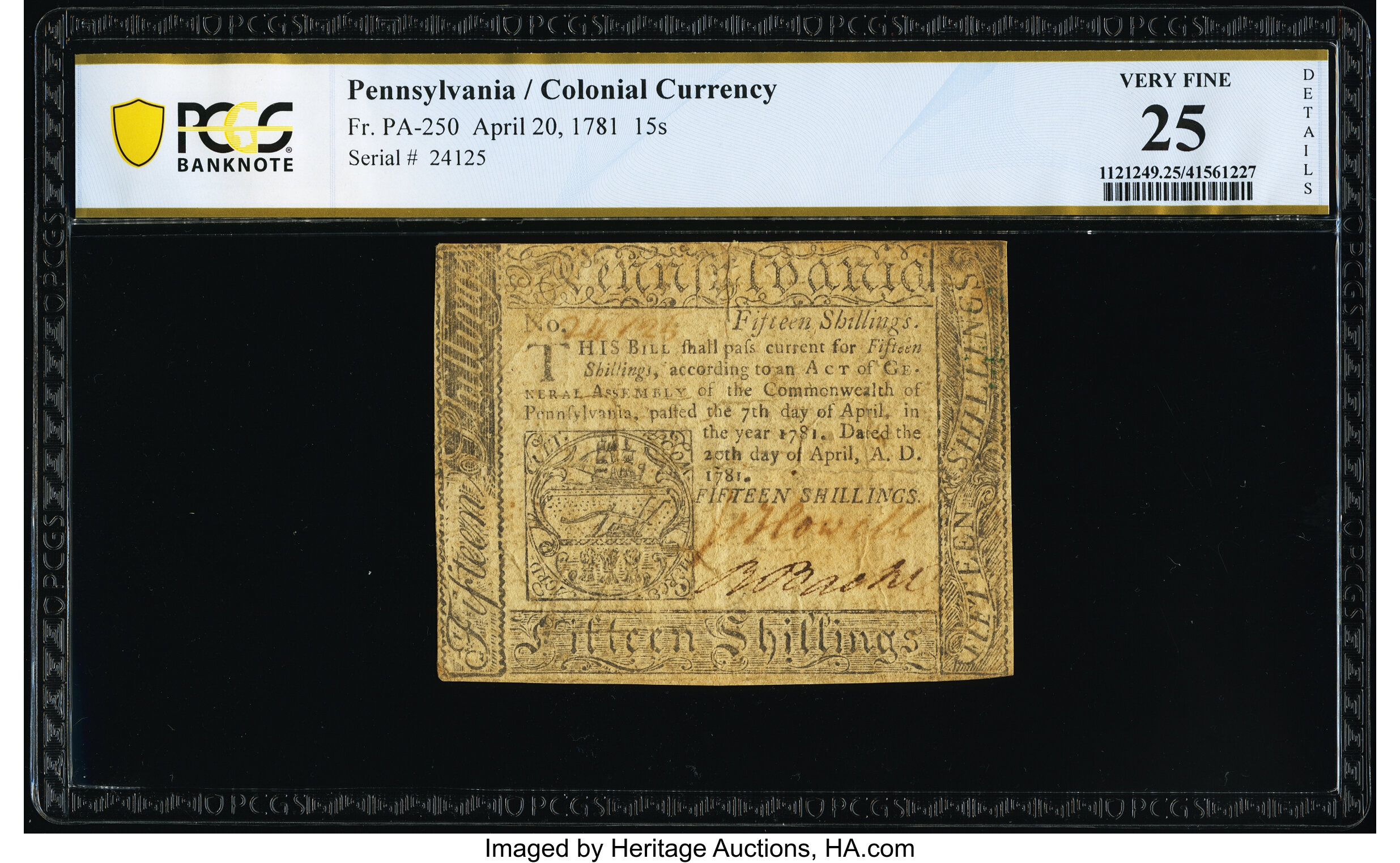 image for: Pennsylvania April 20, 1781 15s PCGS Banknote Very Fine 25 Details....