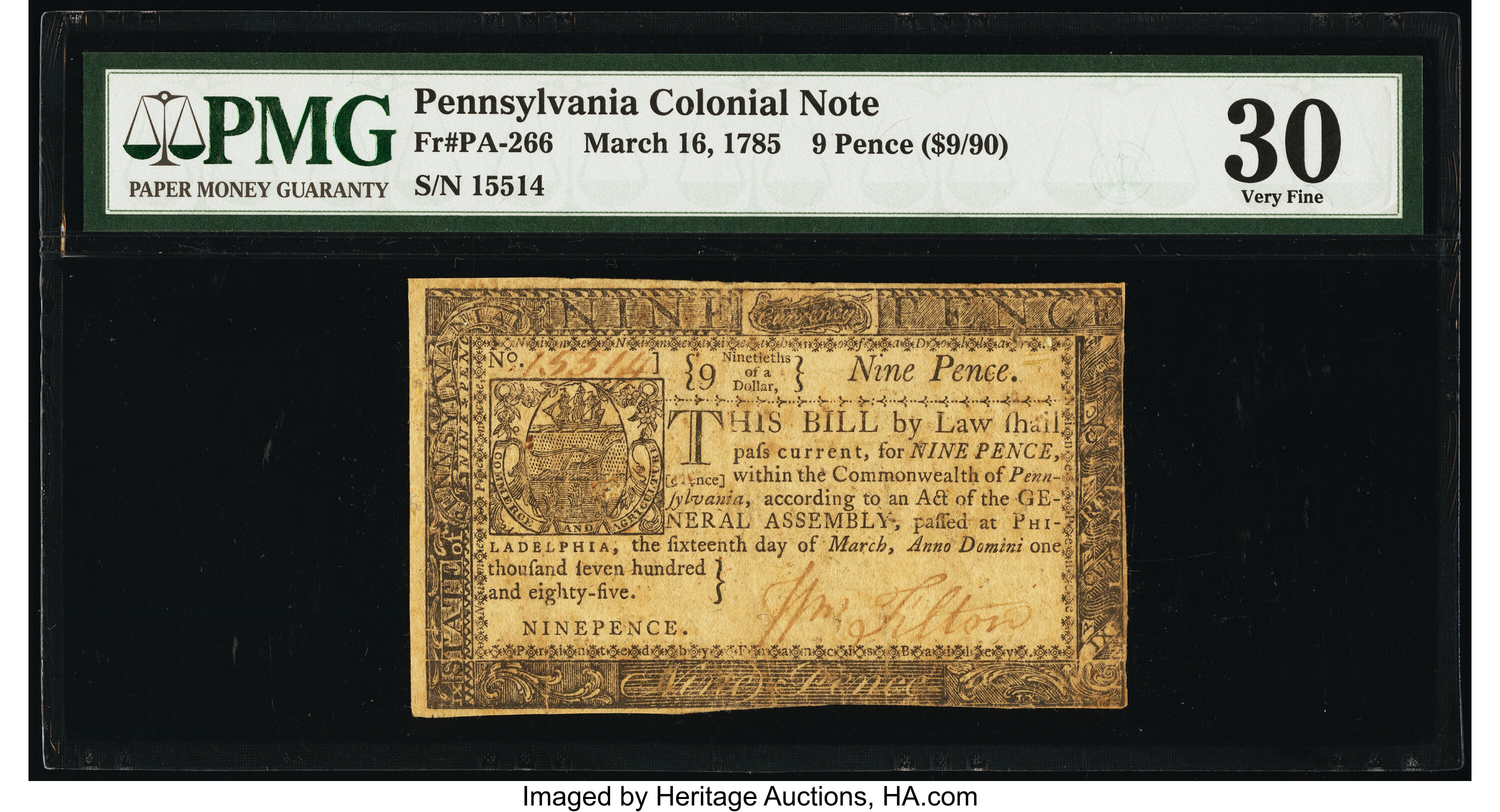 image for: Pennsylvania March 16, 1785 9d PMG Very Fine 30....