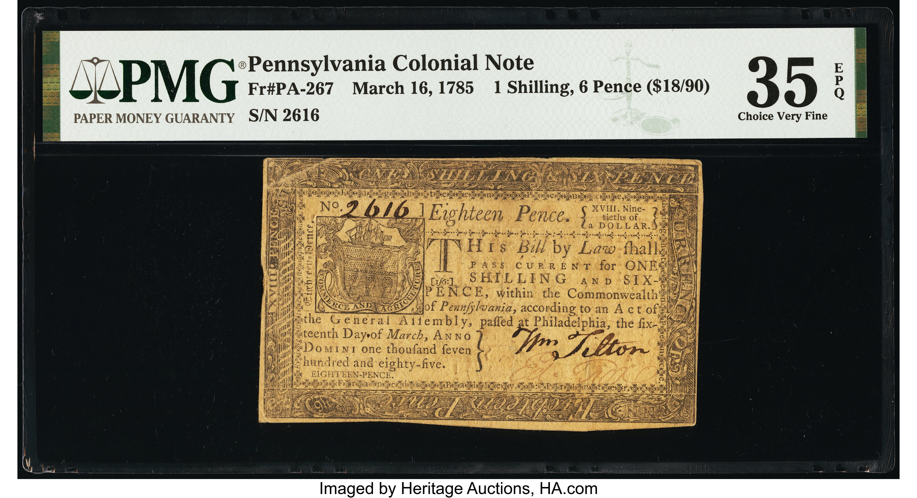 image for: Pennsylvania March 16, 1785 1s 6d PMG Choice Very Fine 35 EPQ....
