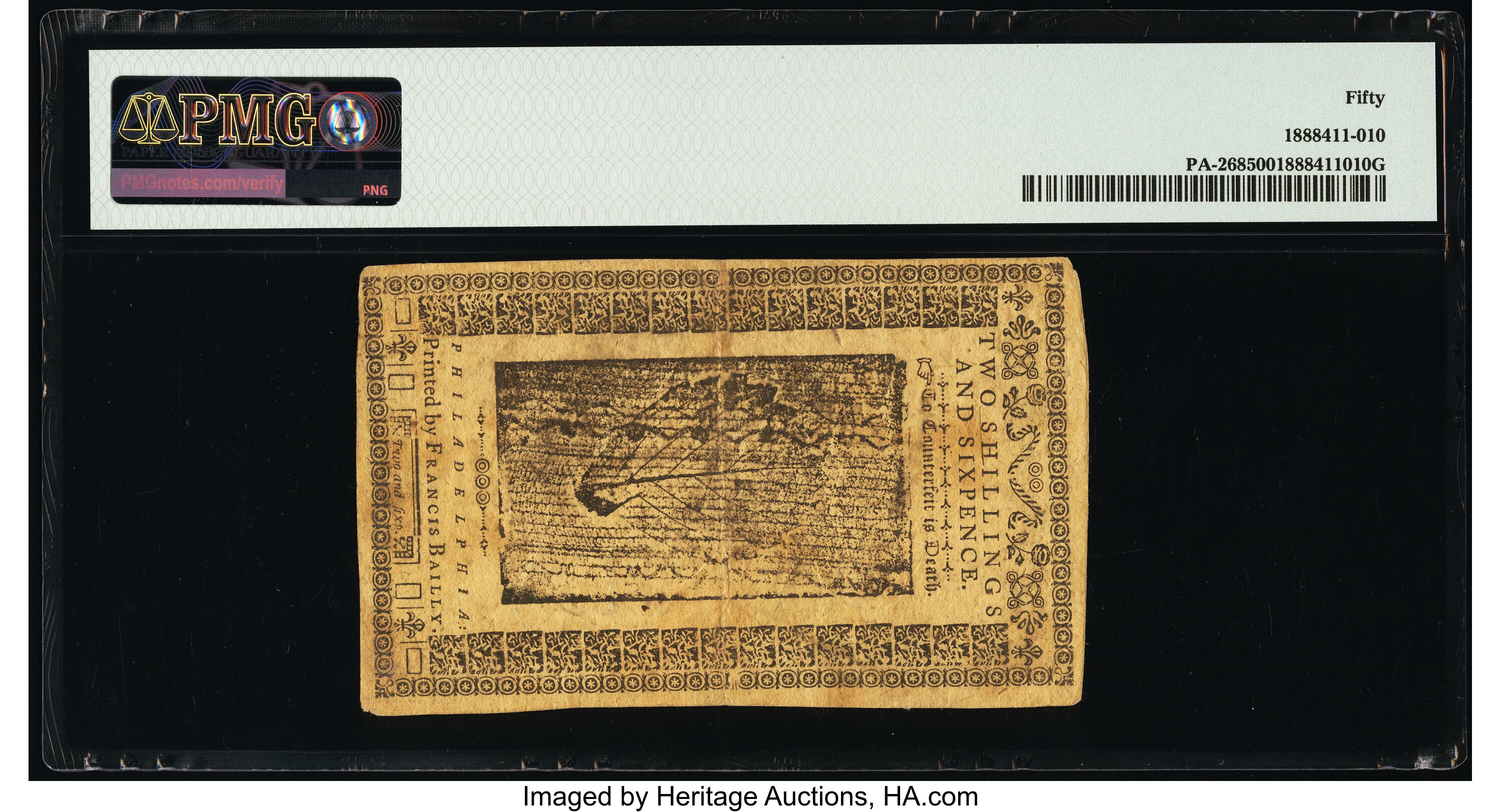 image for: Pennsylvania March 16, 1785 2s 6d PMG About Uncirculated 50....