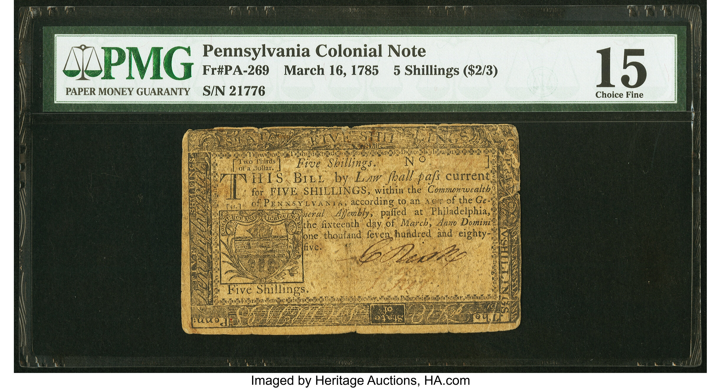 image for: Pennsylvania March 16, 1785 5s PMG Choice Fine 15....