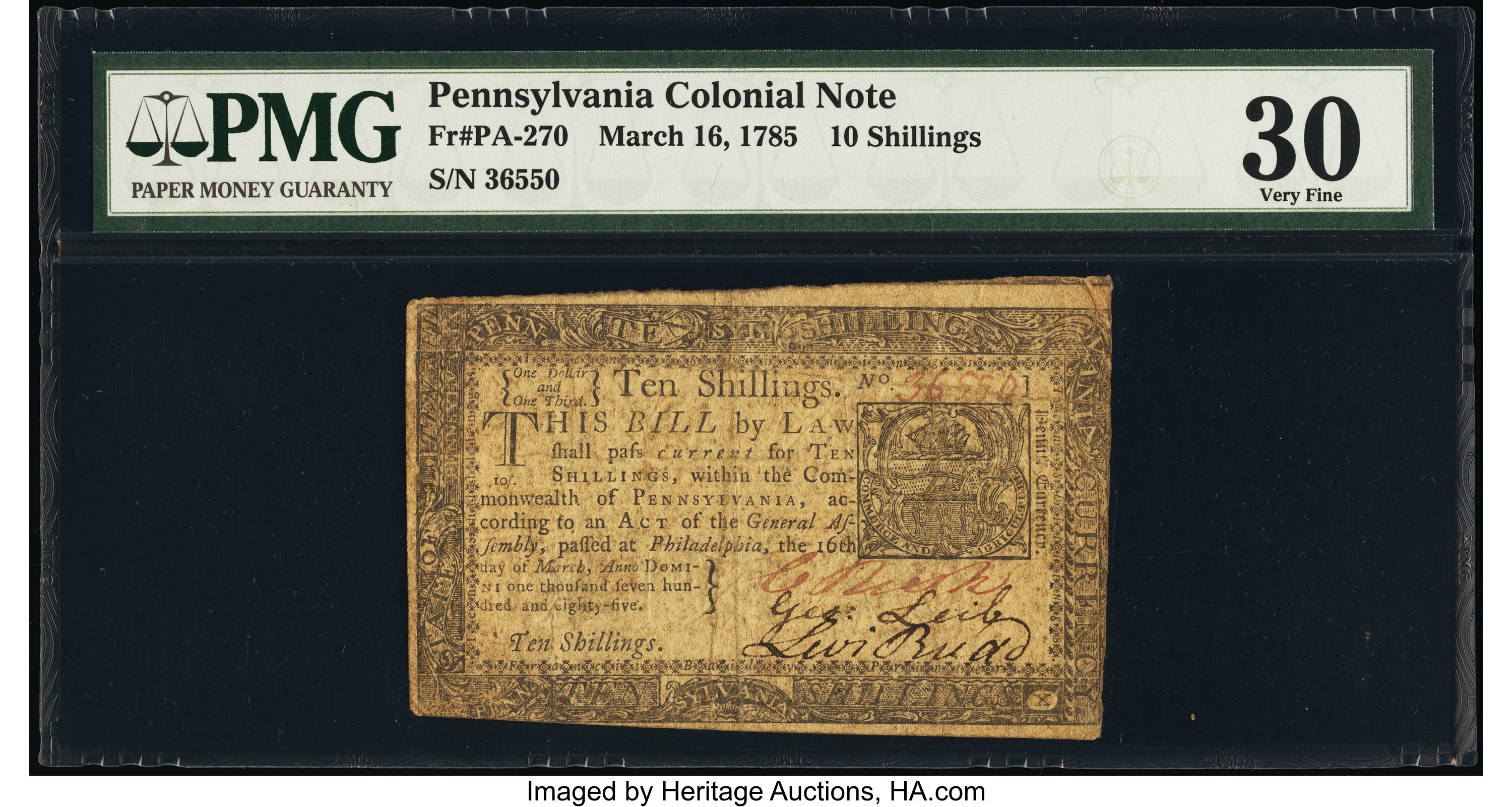 image for: Pennsylvania March 16, 1785 10s PMG Very Fine 30....