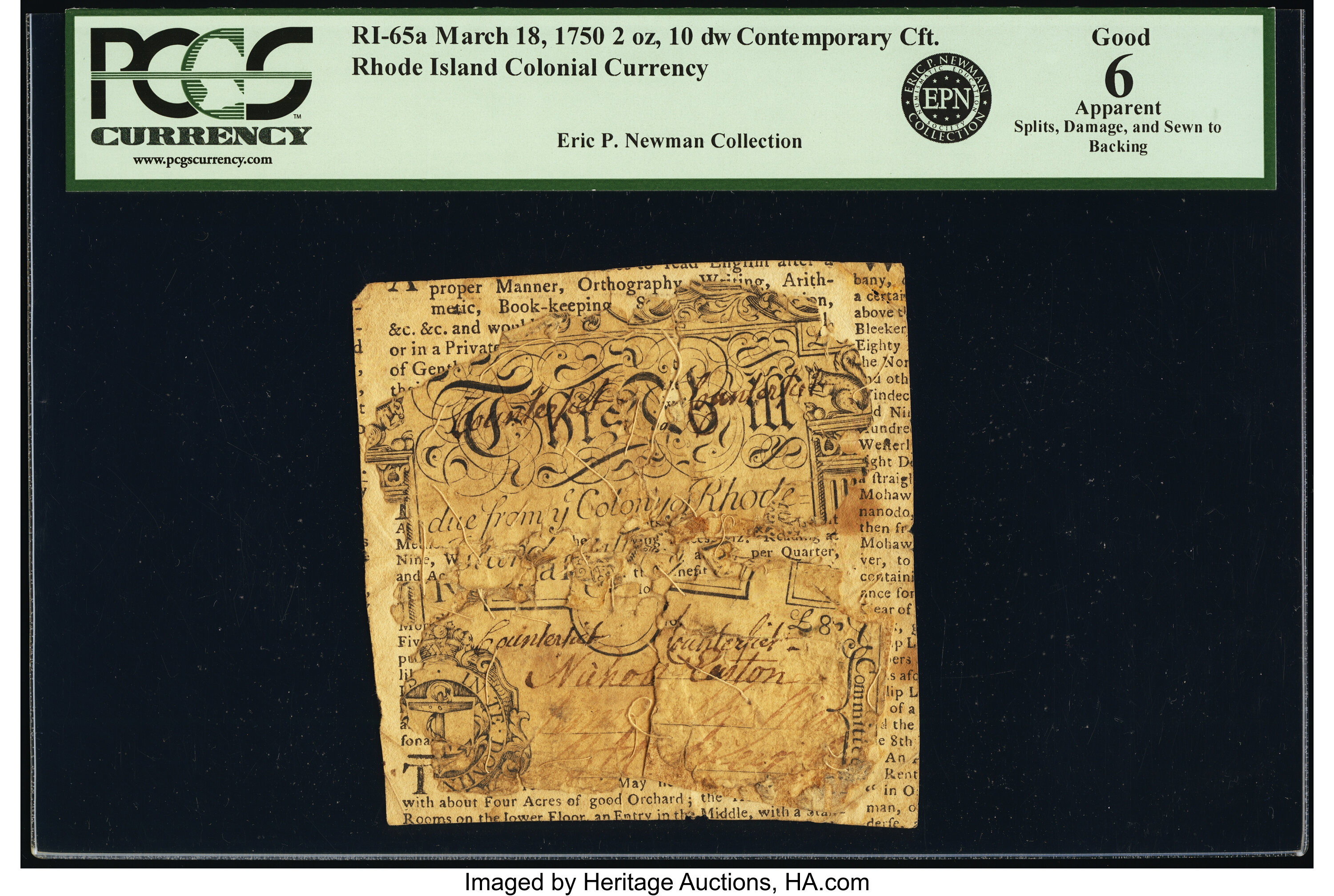 image for: Rhode Island March 18, 1750 2 Ounces 10 Pennyweight PCGS Apparent Good 06....