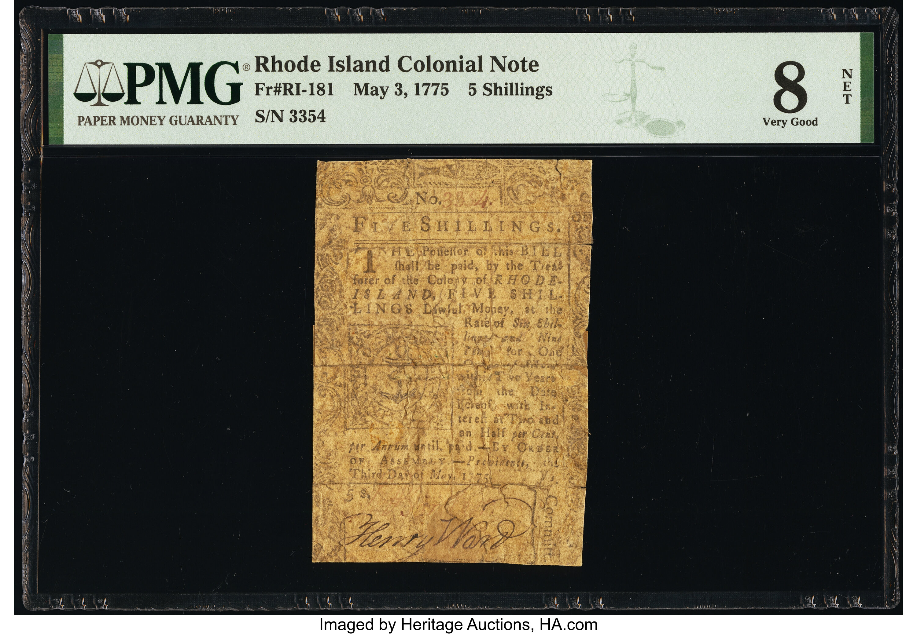 image for: Rhode Island May 3, 1775 5s PMG Very Good 8 Net....