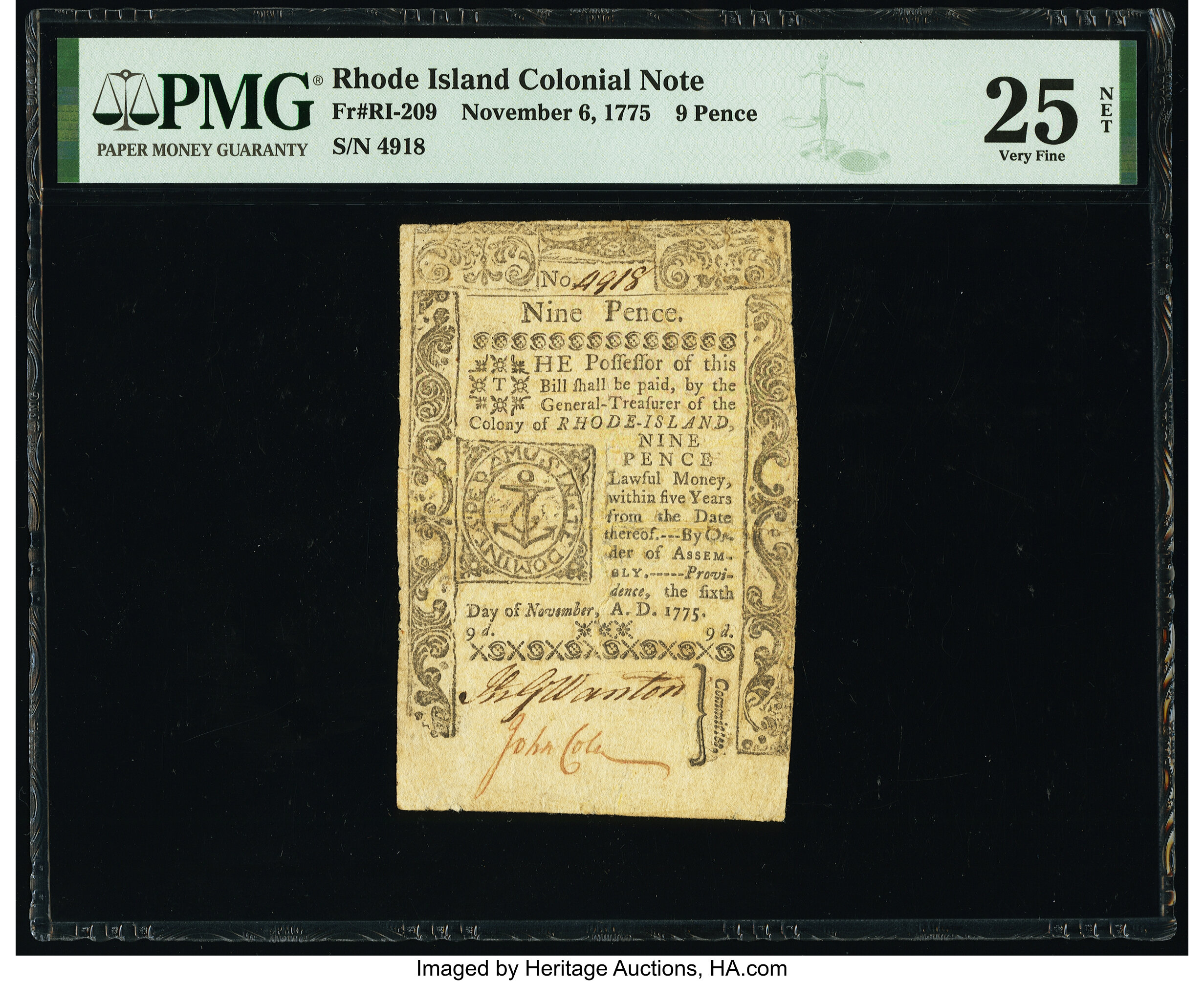 image for: Rhode Island November 6, 1775 9d PMG Very Fine 25 Net....