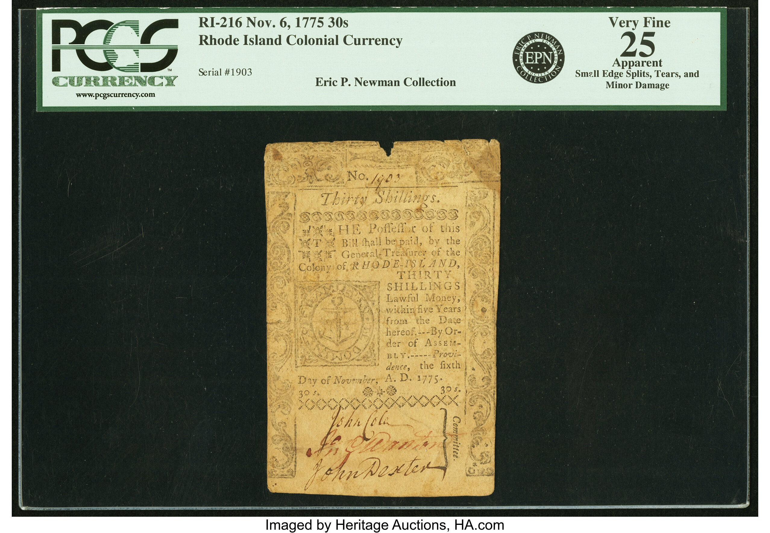 image for: Rhode Island November 6, 1775 30s PCGS Apparent Very Fine 25....