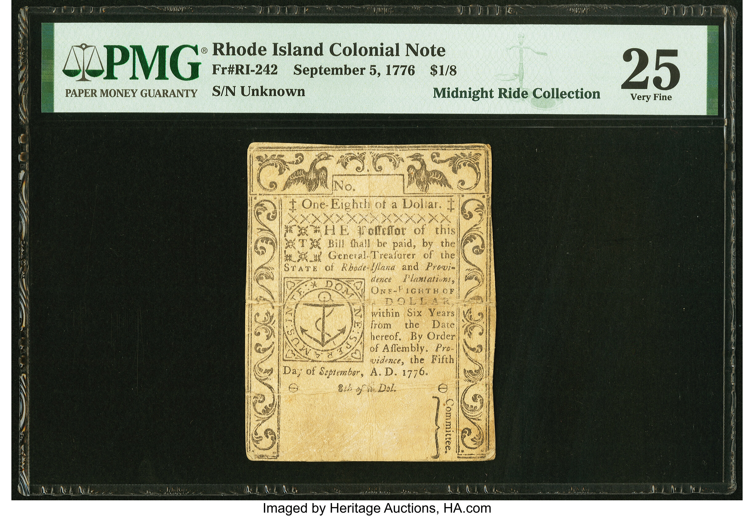 image for: Rhode Island September 5, 1776 $1/8 PMG Very Fine 25....