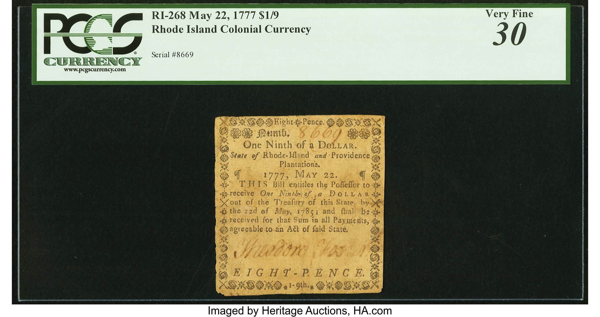 image for: Rhode Island May 22, 1777 $1/9 PCGS Very Fine 30....