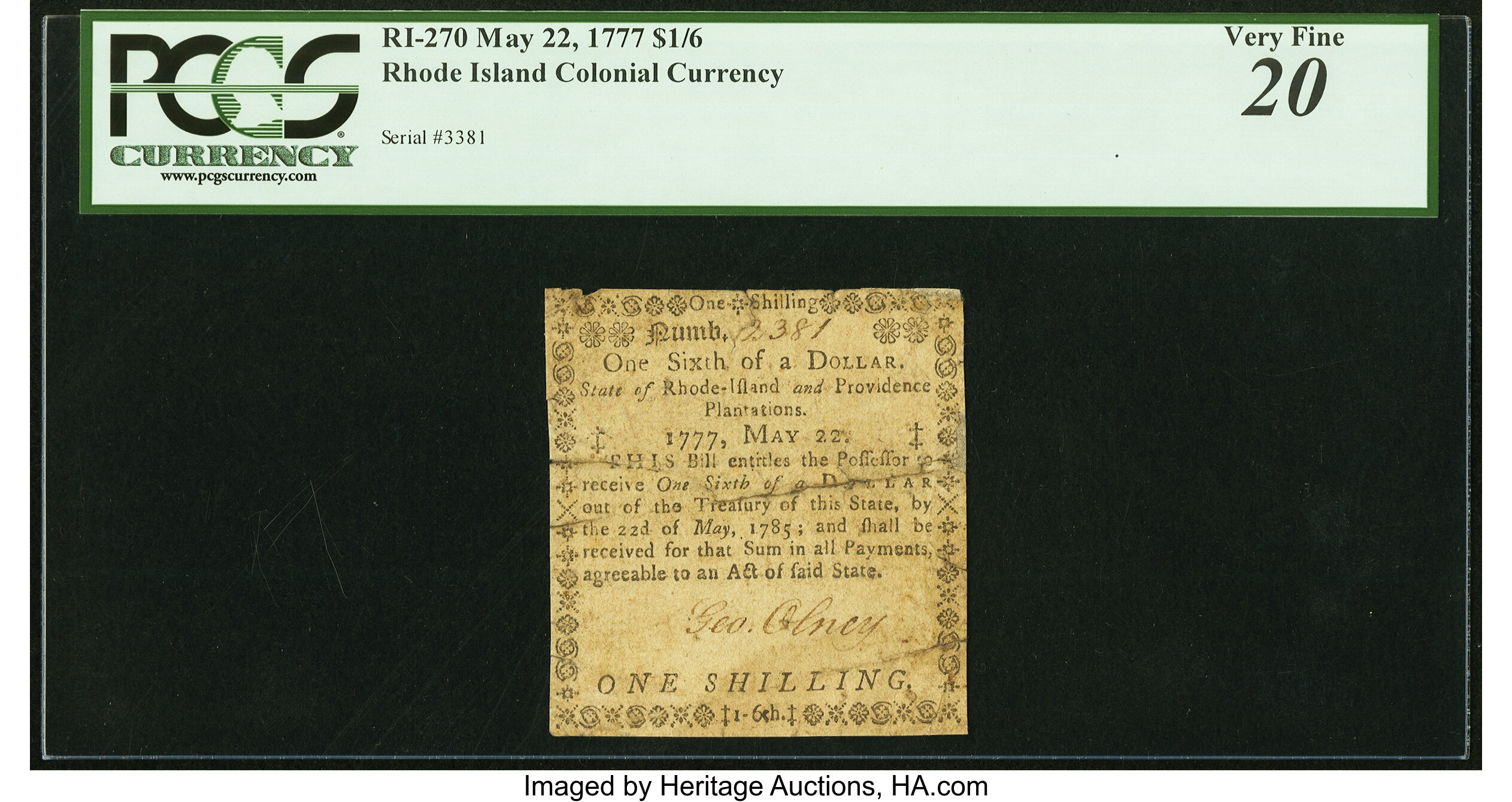image for: Rhode Island May 22, 1777 $1/6 PCGS Very Fine 20....