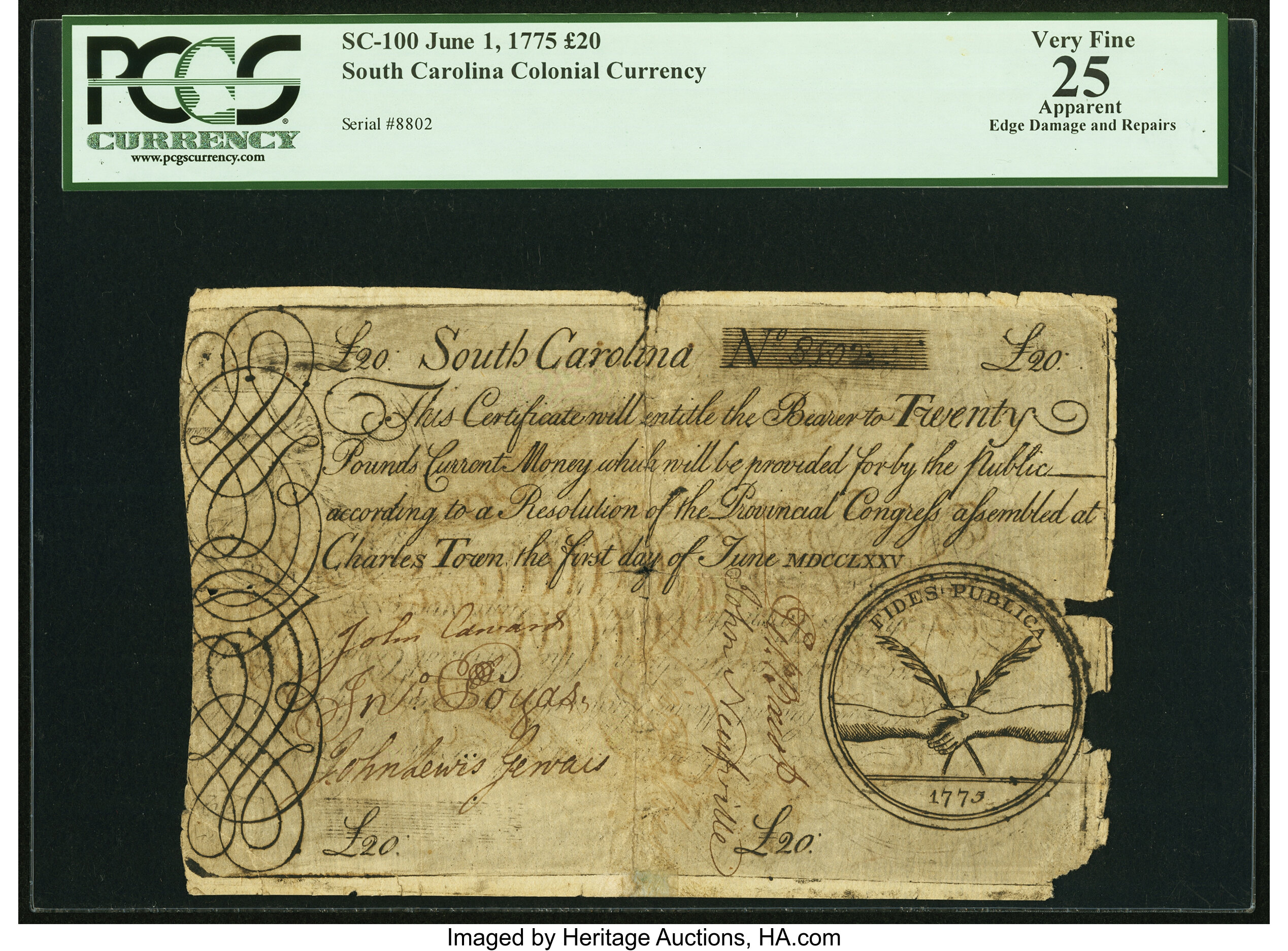 image for: South Carolina June 1, 1775 £20 PCGS Apparent Very Fine 25....