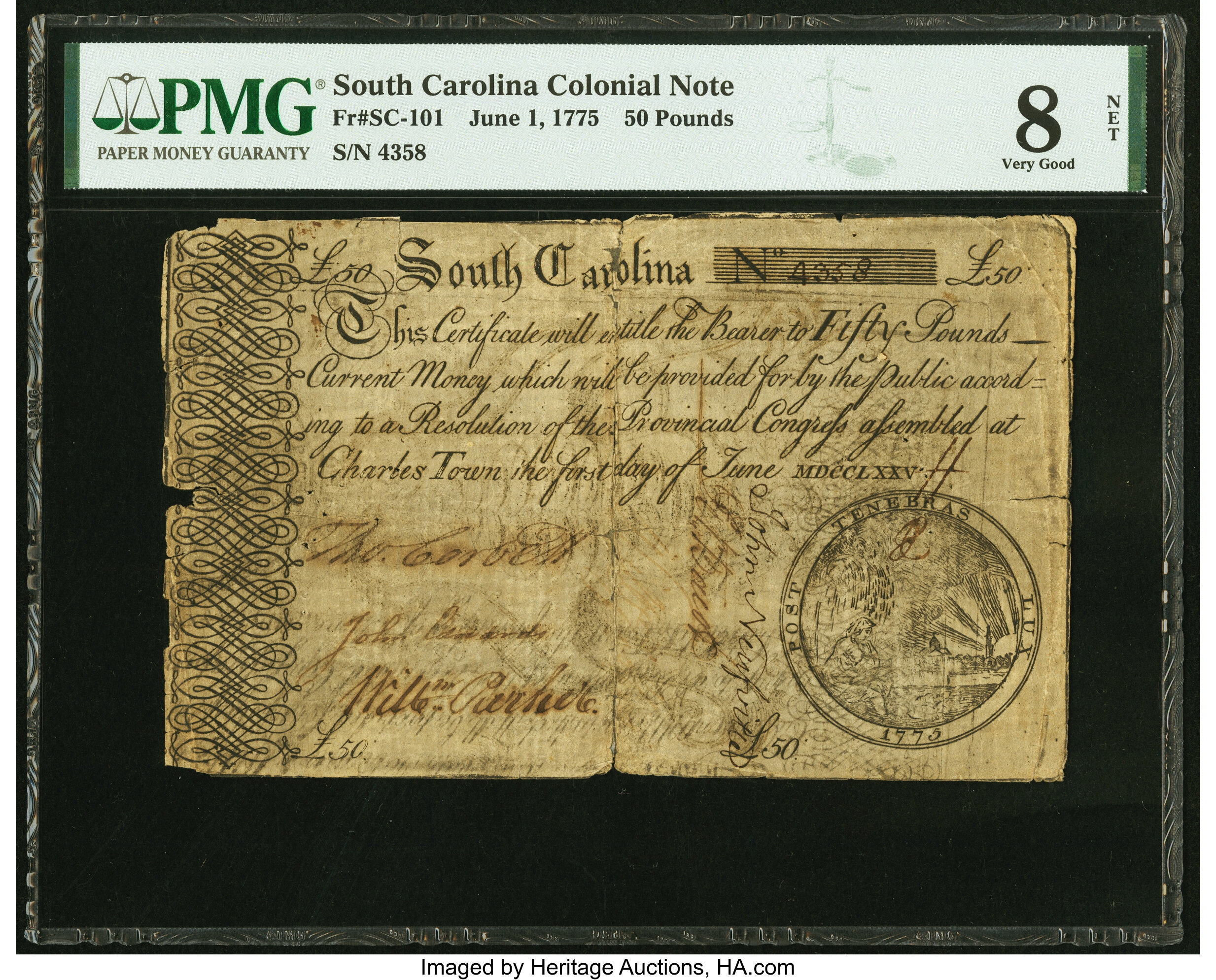 image for: South Carolina June 1, 1775 £50 PMG Very Good 8 Net....