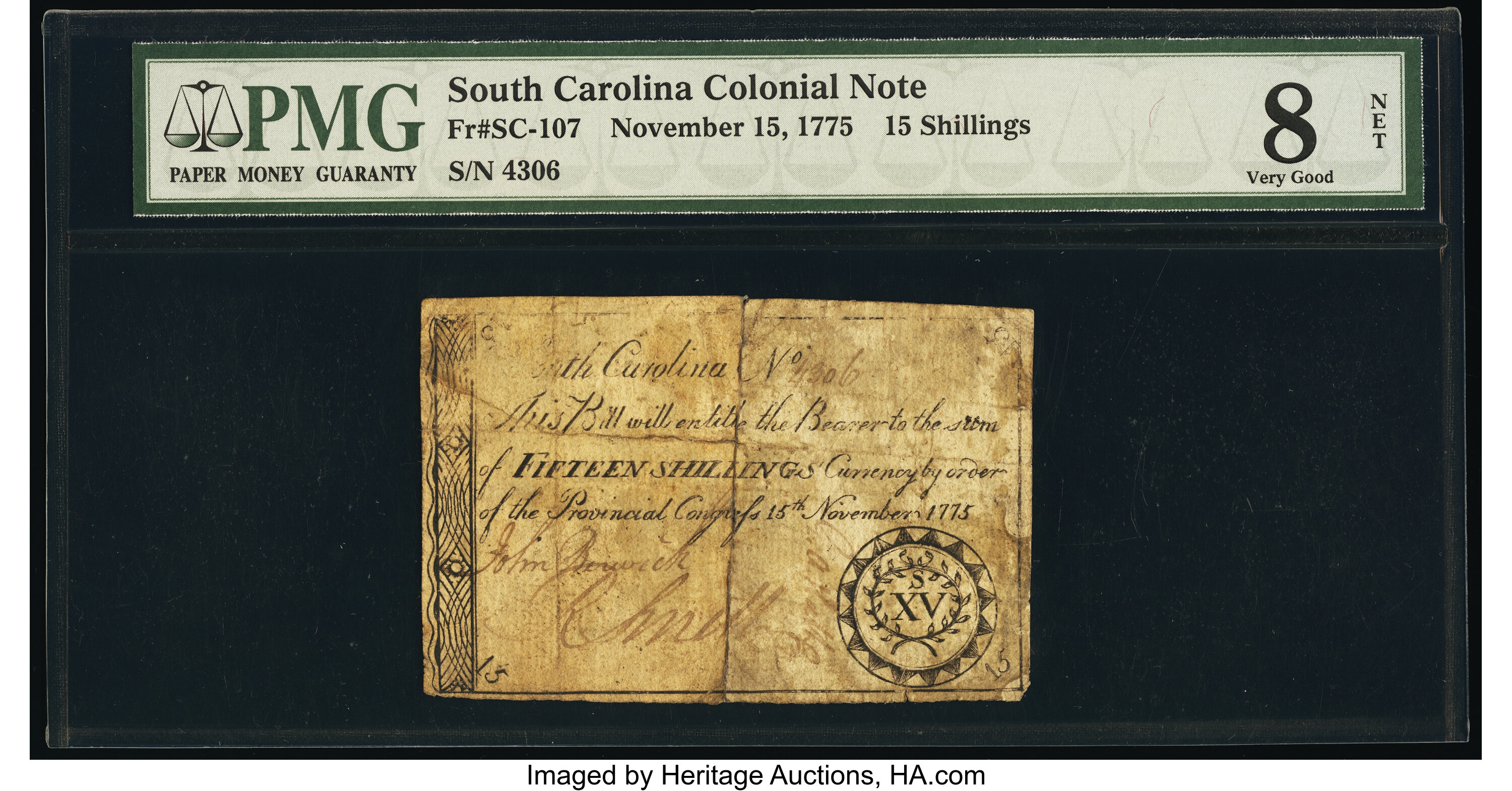 image for: South Carolina November 15, 1775 15s PMG Very Good 8 Net....