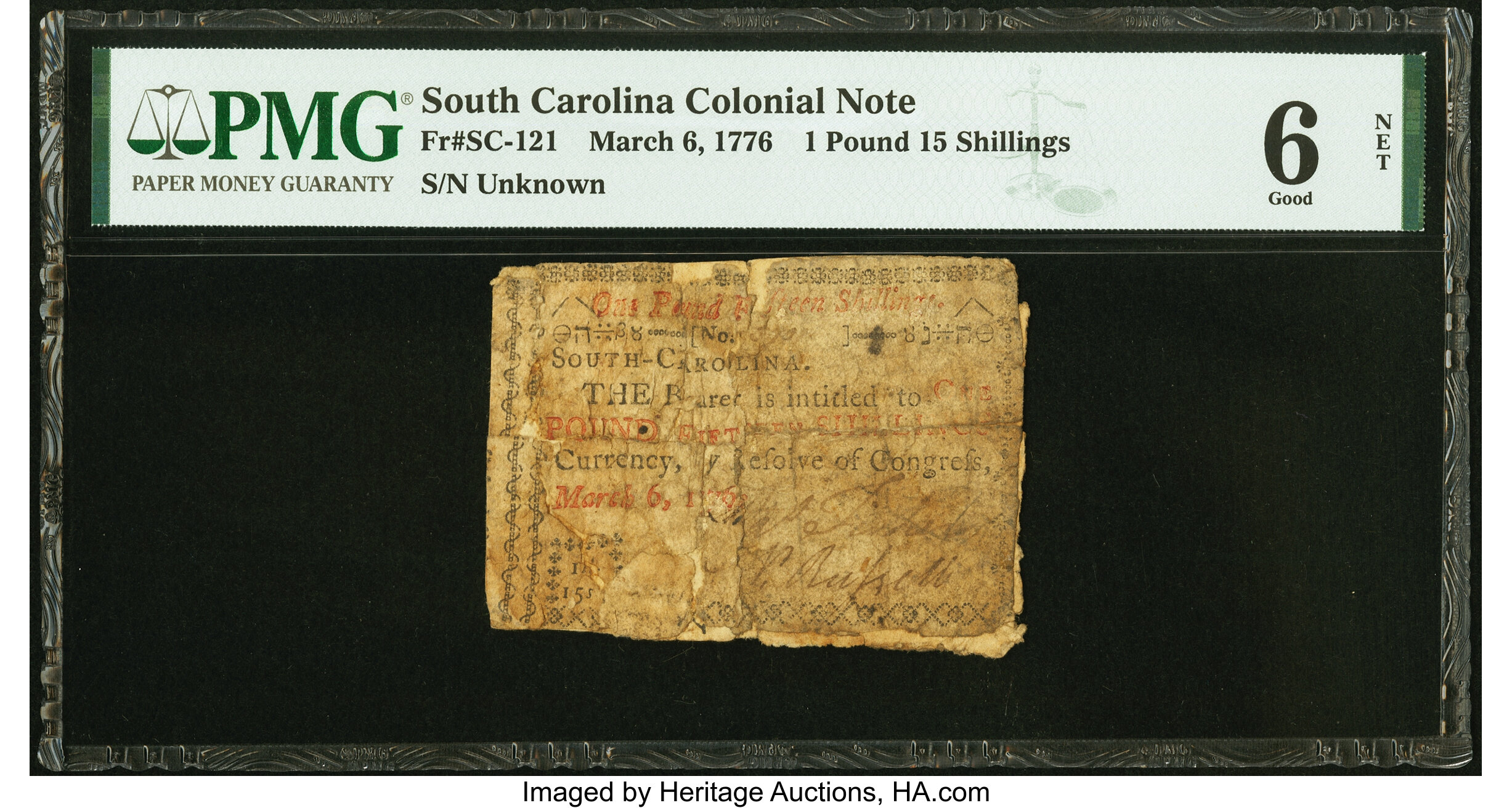 image for: South Carolina March 6, 1776 £1 15s PMG Good 6 Net....