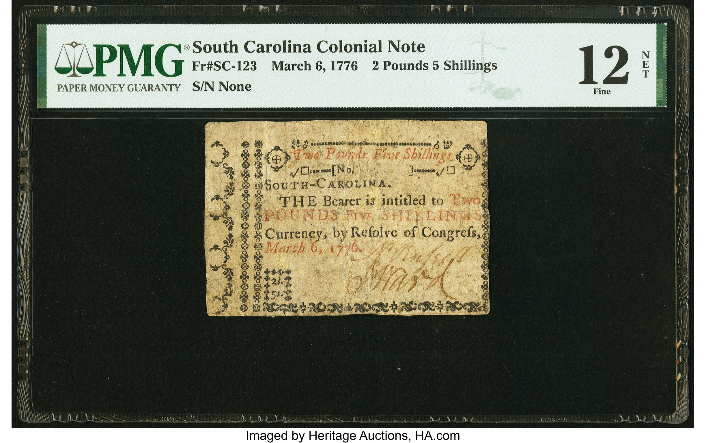 image for: South Carolina March 6, 1776 £2 5s PMG Fine 12 Net....