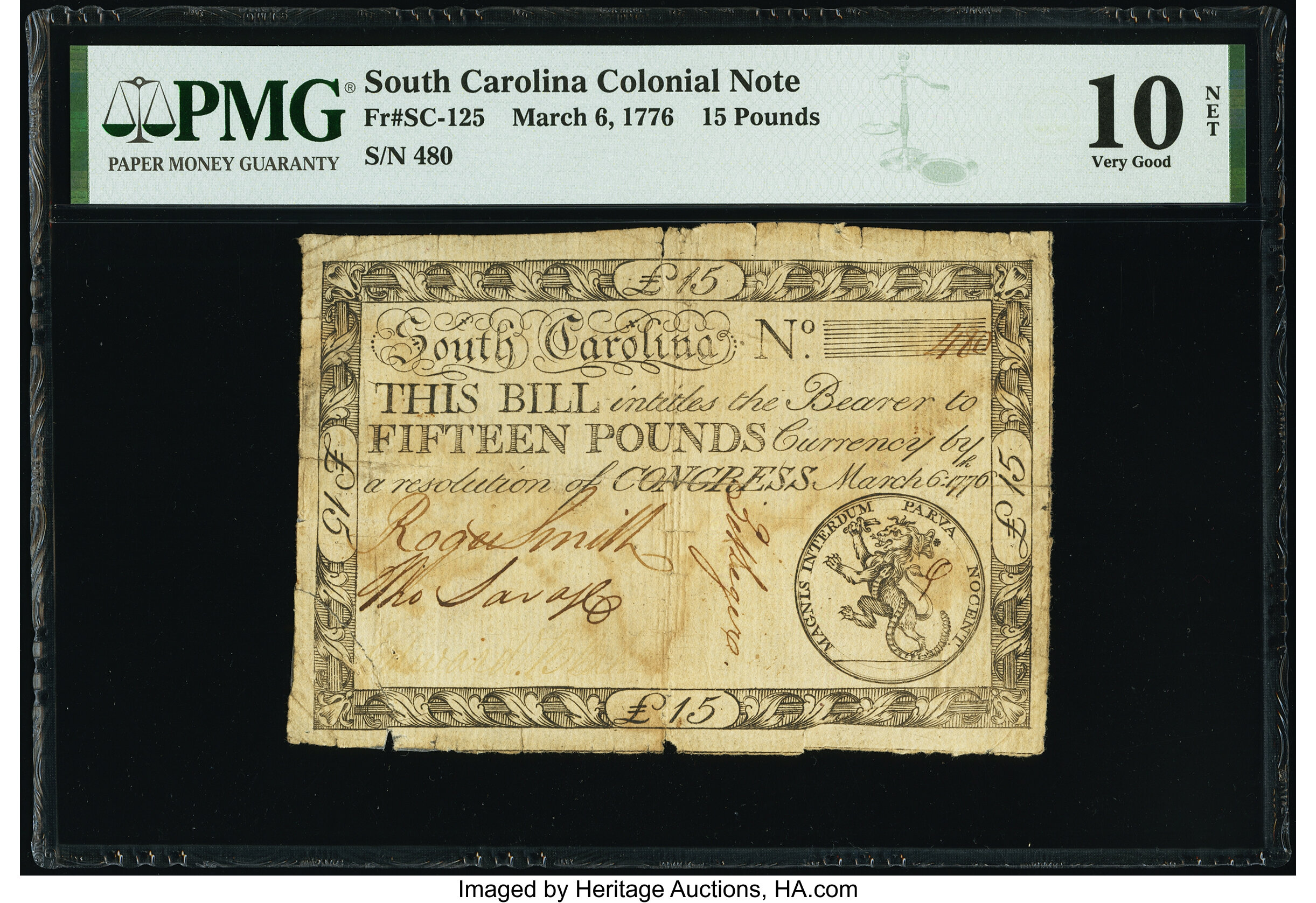 image for: South Carolina March 6, 1776 £15 PMG Very Good 10 Net....