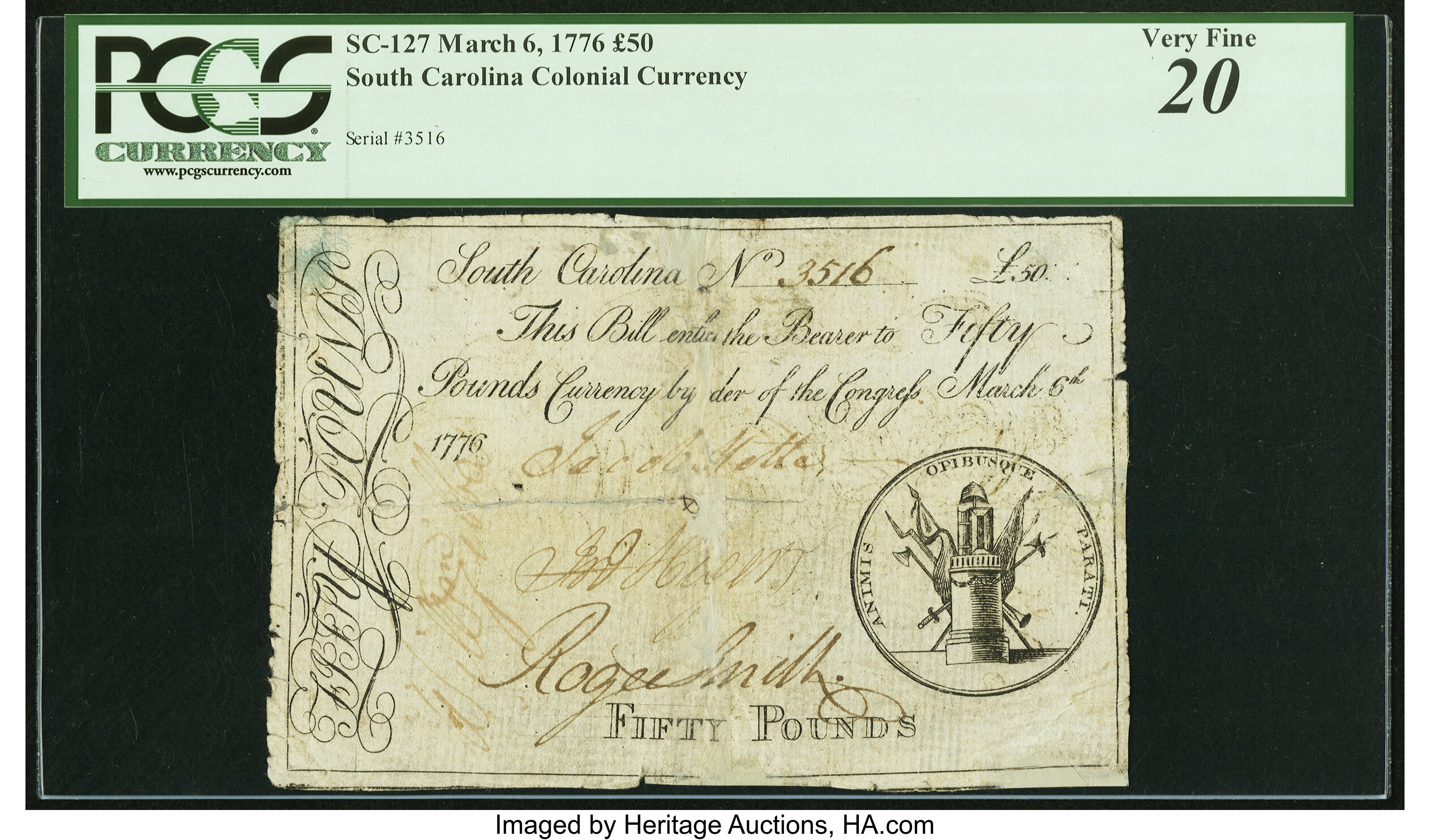 image for: South Carolina March 6, 1776 £50 PCGS Very Fine 20....