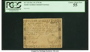 image for: South Carolina October 19, 1776 $6 PCGS Choice About New 55....