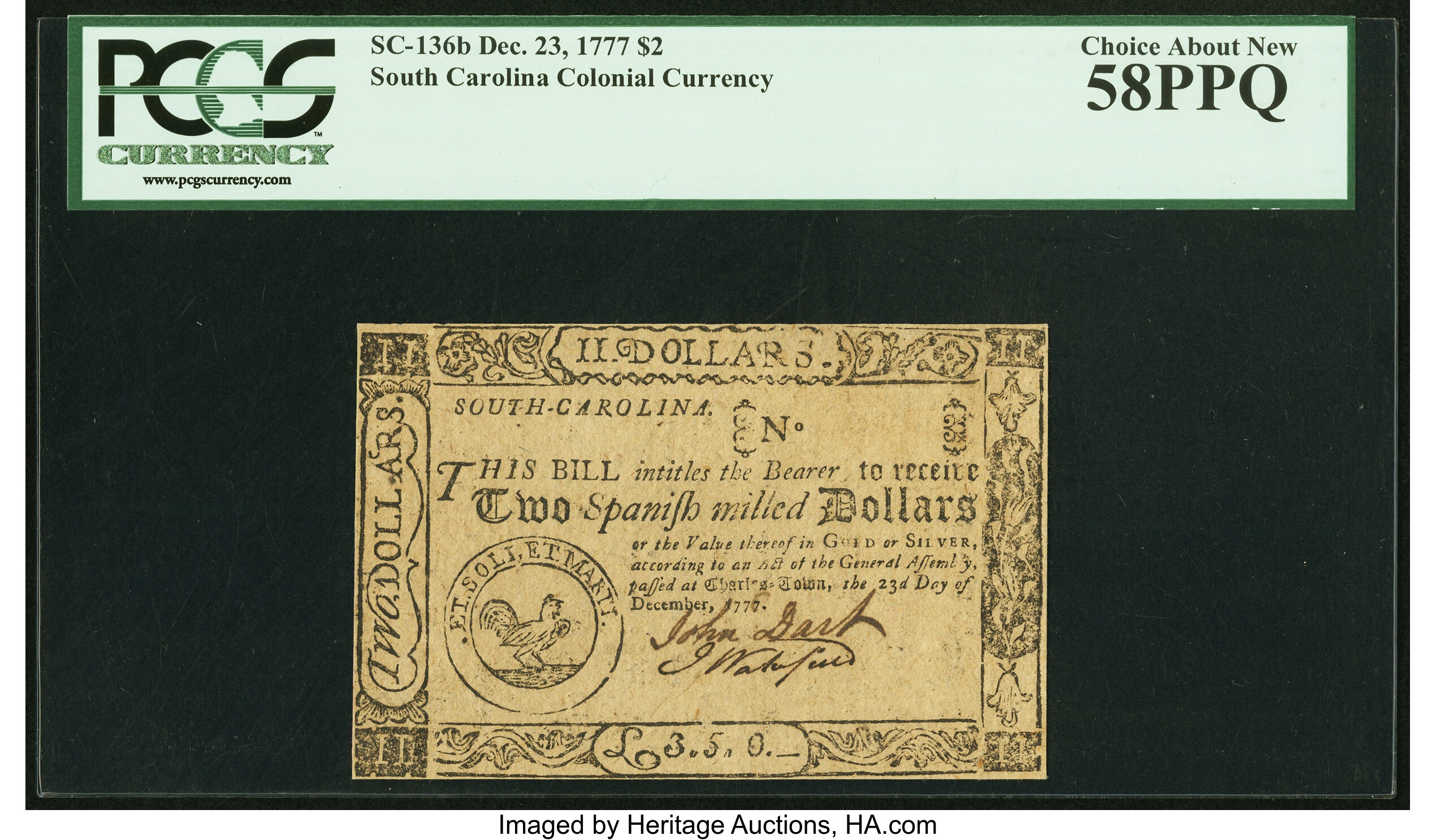 image for: South Carolina December 23, 1777 (erroneously dated) $2 Remainder PCGS Choice About New 58PPQ....