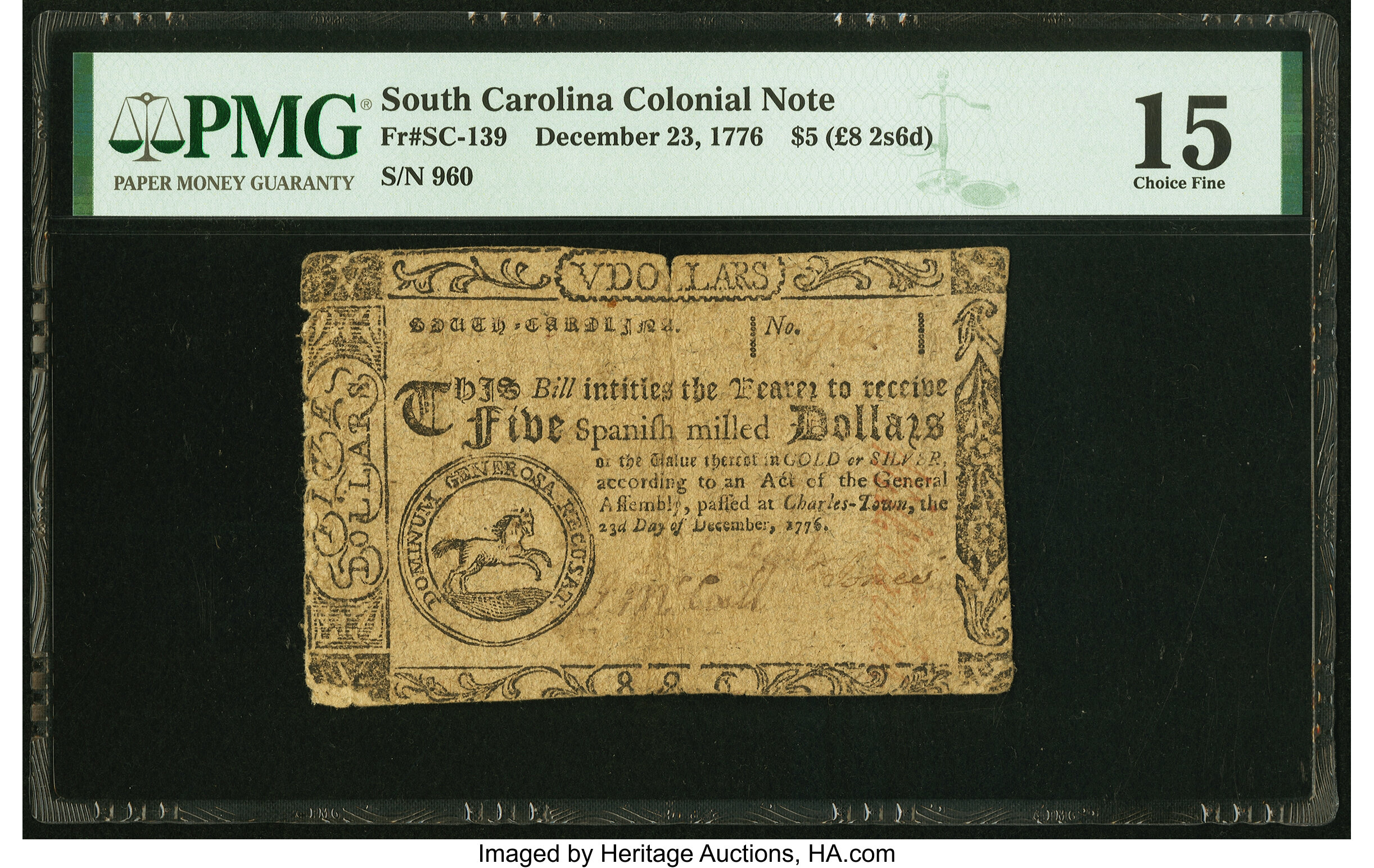 image for: South Carolina December 23, 1776 $5 PMG Choice Fine 15....