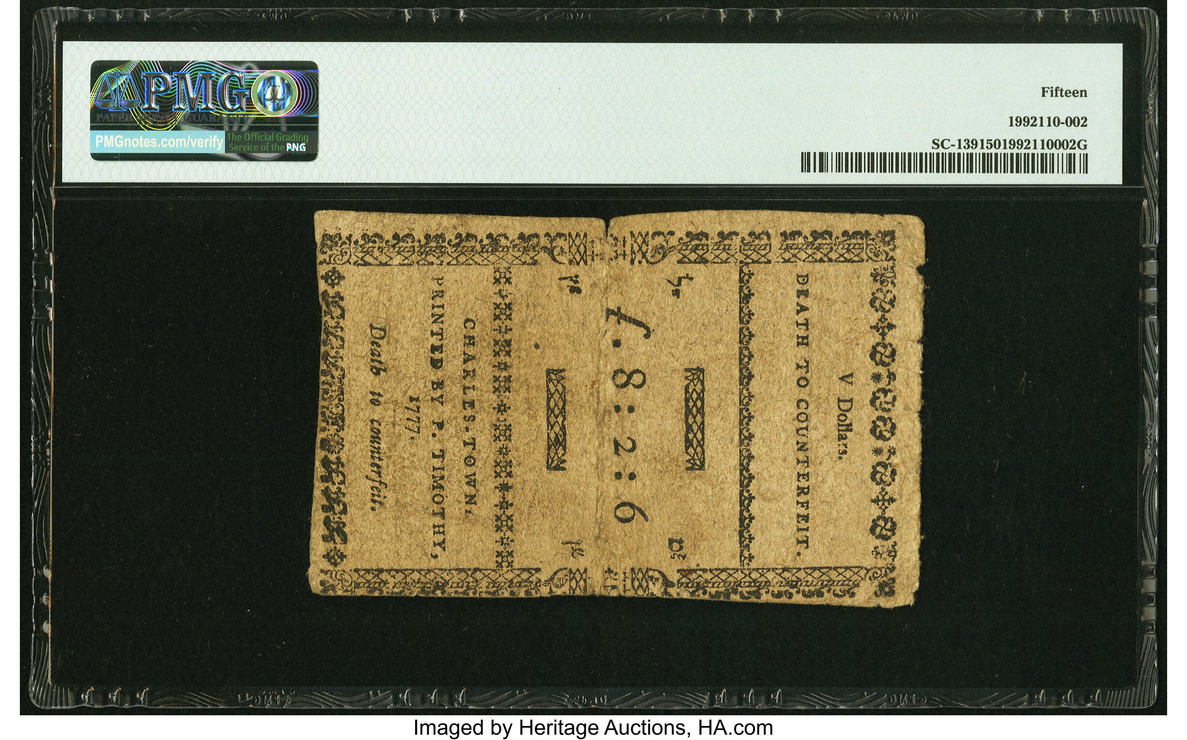 image for: South Carolina December 23, 1776 $5 PMG Choice Fine 15....