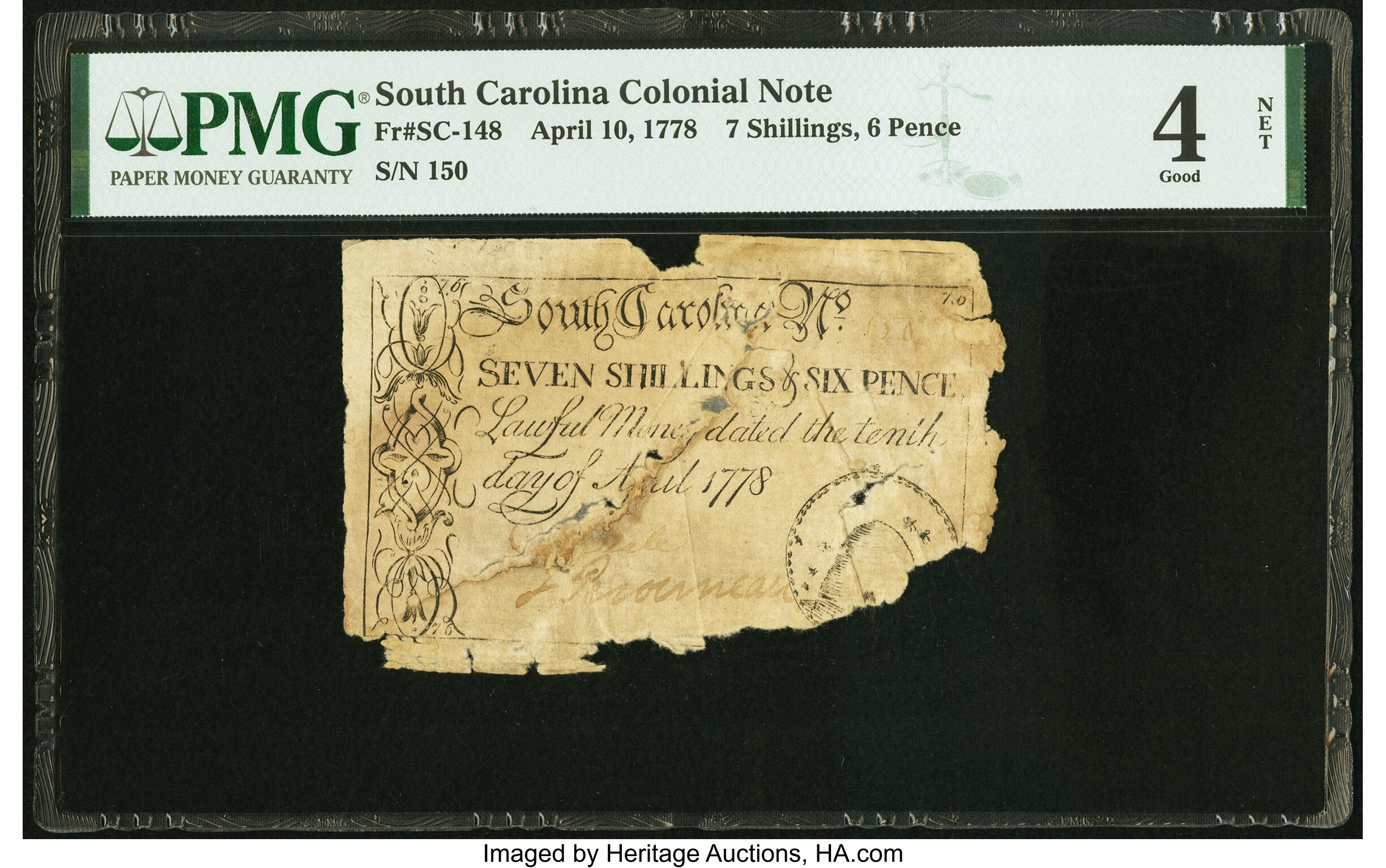 image for: South Carolina April 10, 1778 7s 6d PMG Good 4 Net....