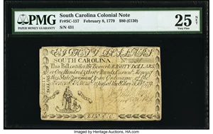 image for: South Carolina February 8, 1779 $80 PMG Very Fine 25 Net....