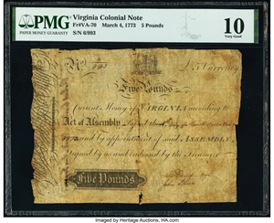 image for: Virginia March 4, 1773 £5 PMG Very Good 10....