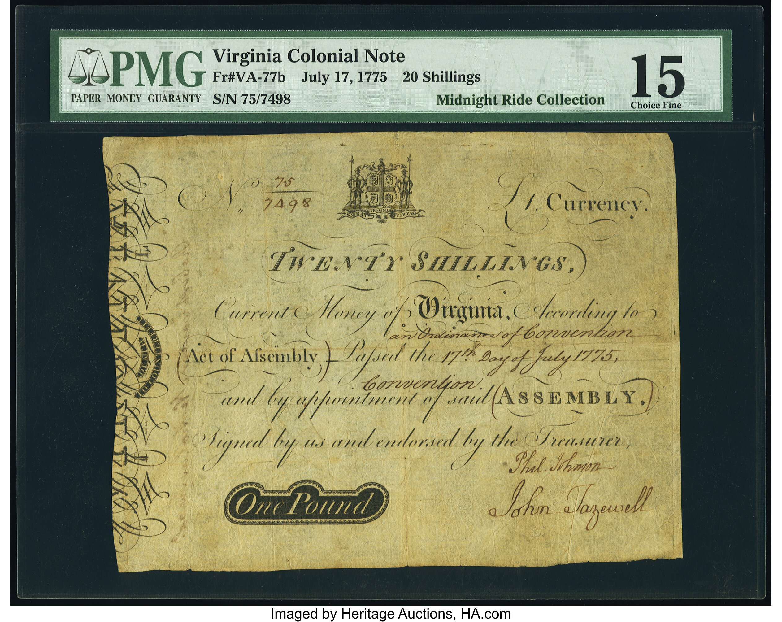 image for: Virginia July 17, 1775 20s Large Ordinance PMG Choice Fine 15....