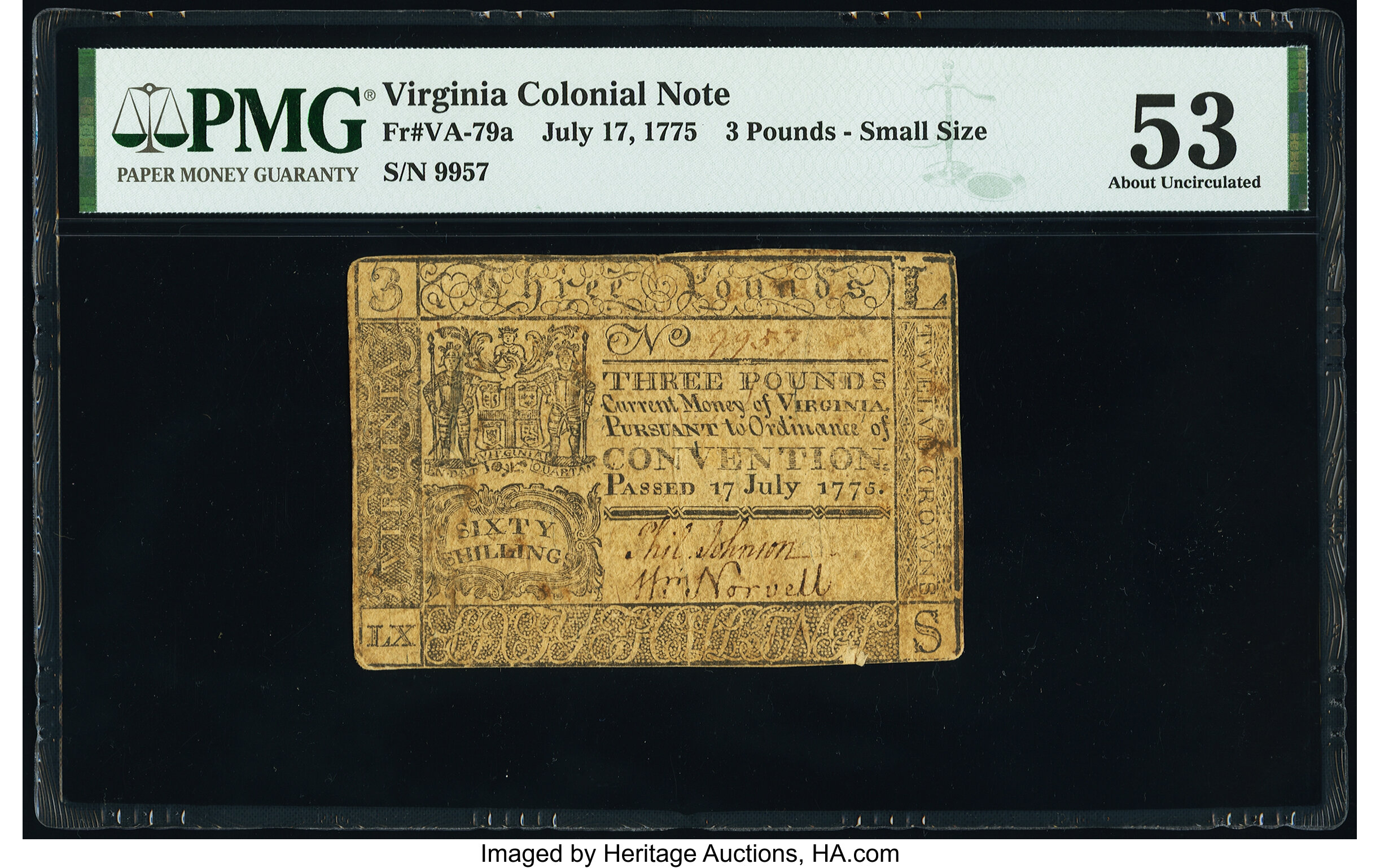 image for: Virginia July 17, 1775 £3 Small Ordinance PMG About Uncirculated 53....