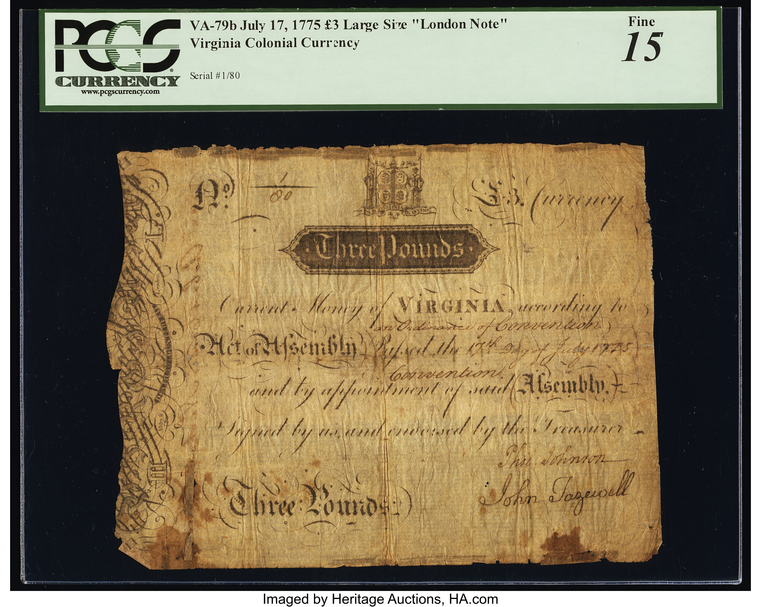 image for: Virginia July 17, 1775 £3 Large Ordinance PCGS Fine 15....