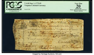 image for: Virginia September 1, 1775 £5 PCGS Apparent Very Fine 20....