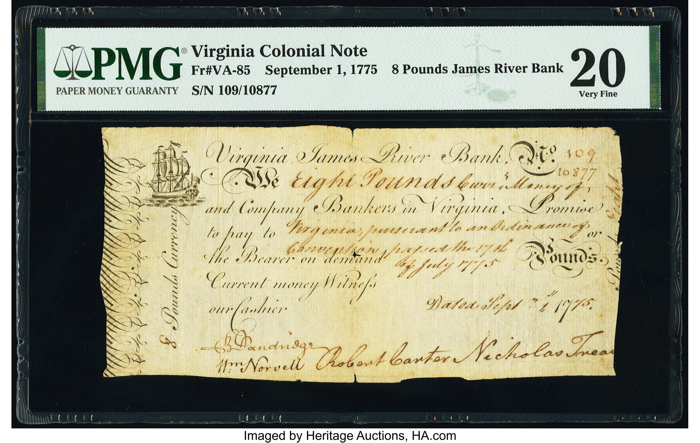image for: Virginia September 1, 1775 £8 PMG Very Fine 20....