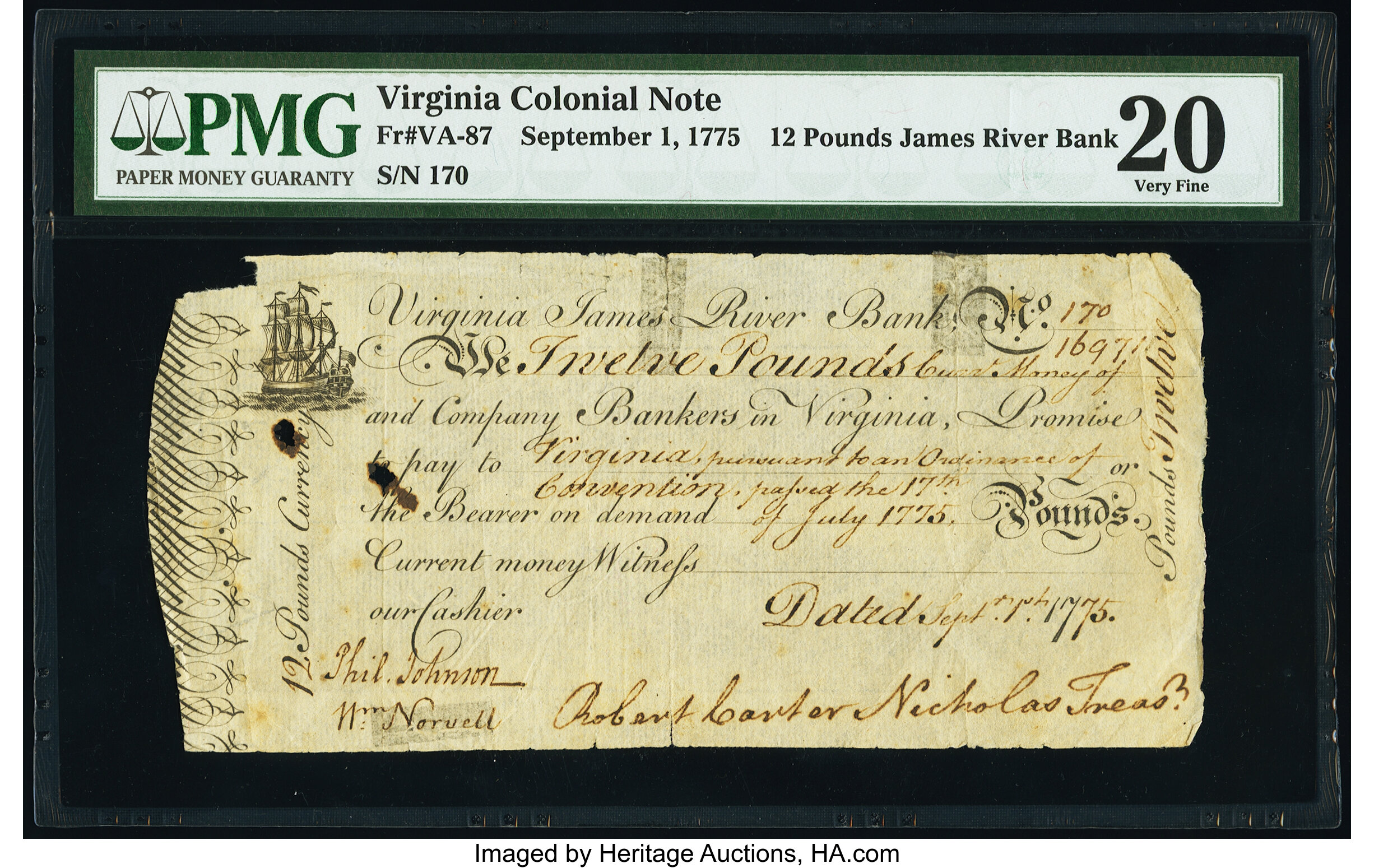 image for: Virginia September 1, 1775 £12 PMG Very Fine 20....